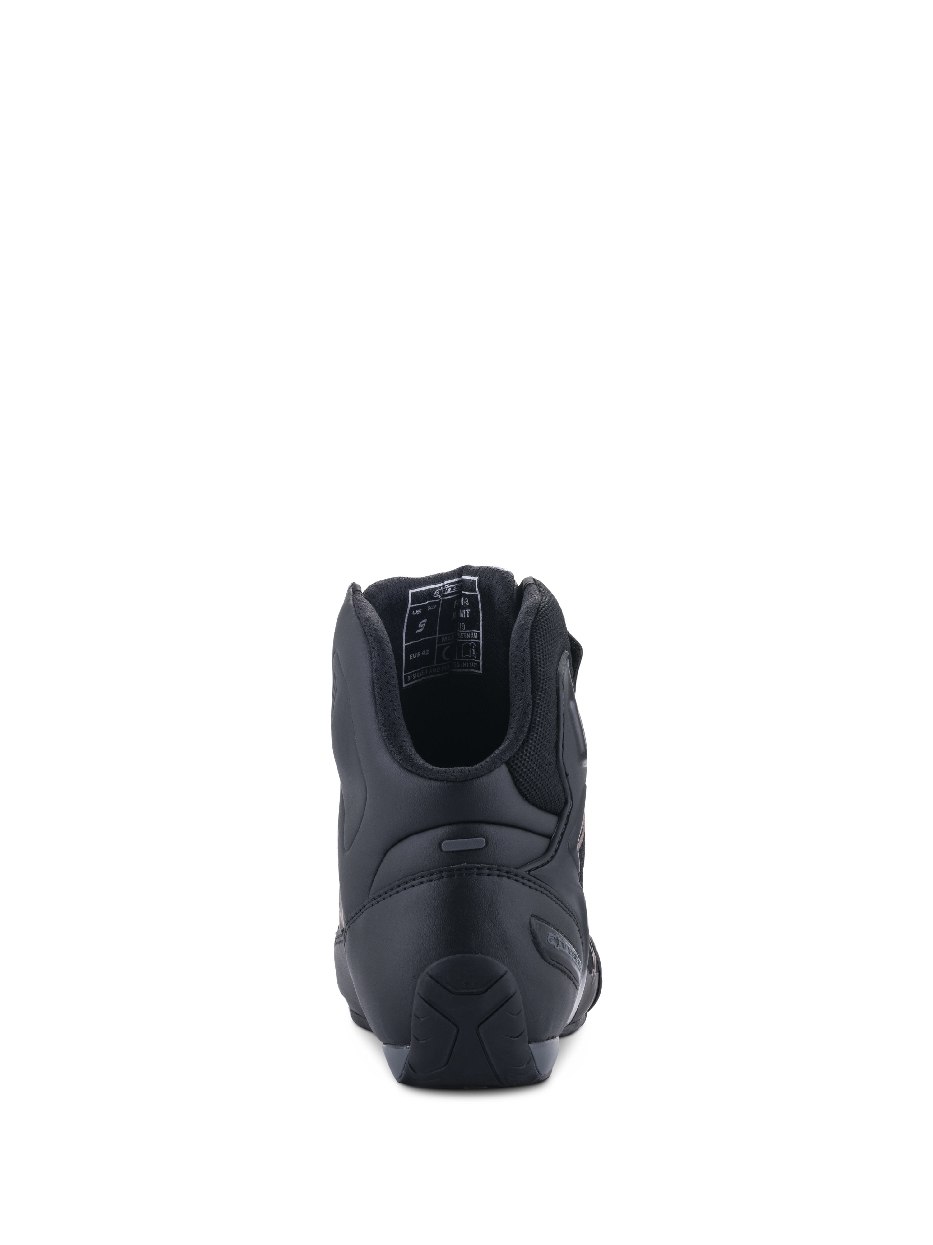 Scarpe Alpinestars Faster-3 Rideknit®, vista posteriore, colore nero, con contrafforte del tallone in TPR per il supporto laterale, tomaia in microfibra con fodera in mesh traspirante, calzature tecniche da moto per uso stradale