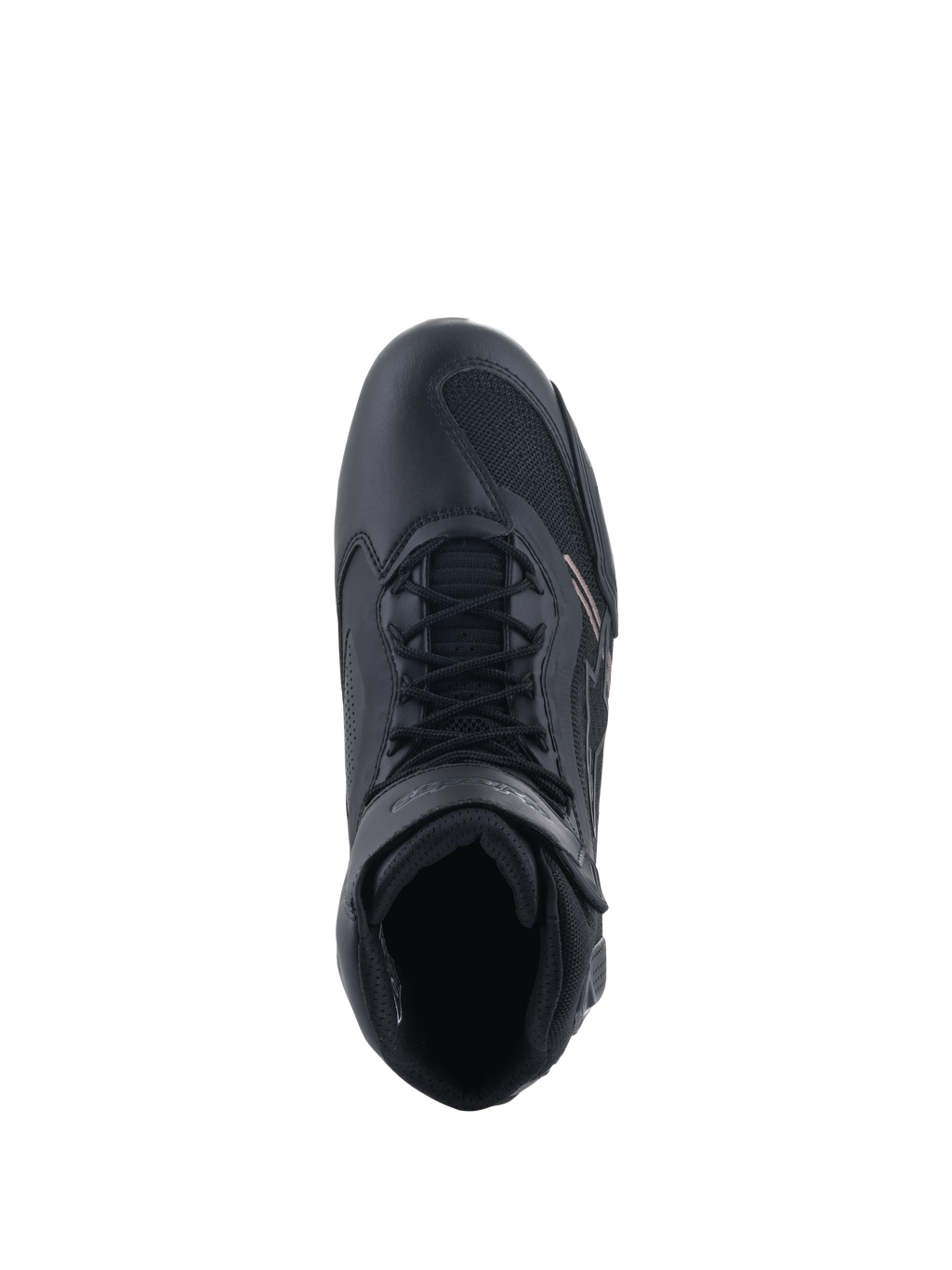 Alpinestars Faster-3 Rideknit® Shoes, scarpe da moto, nero, vista dall'alto che mostra il sistema di allacciatura e il cinturino alla caviglia, con un mix di mesh traspirante e microfibra, design sportivo per la guida su strada ad alte prestazioni