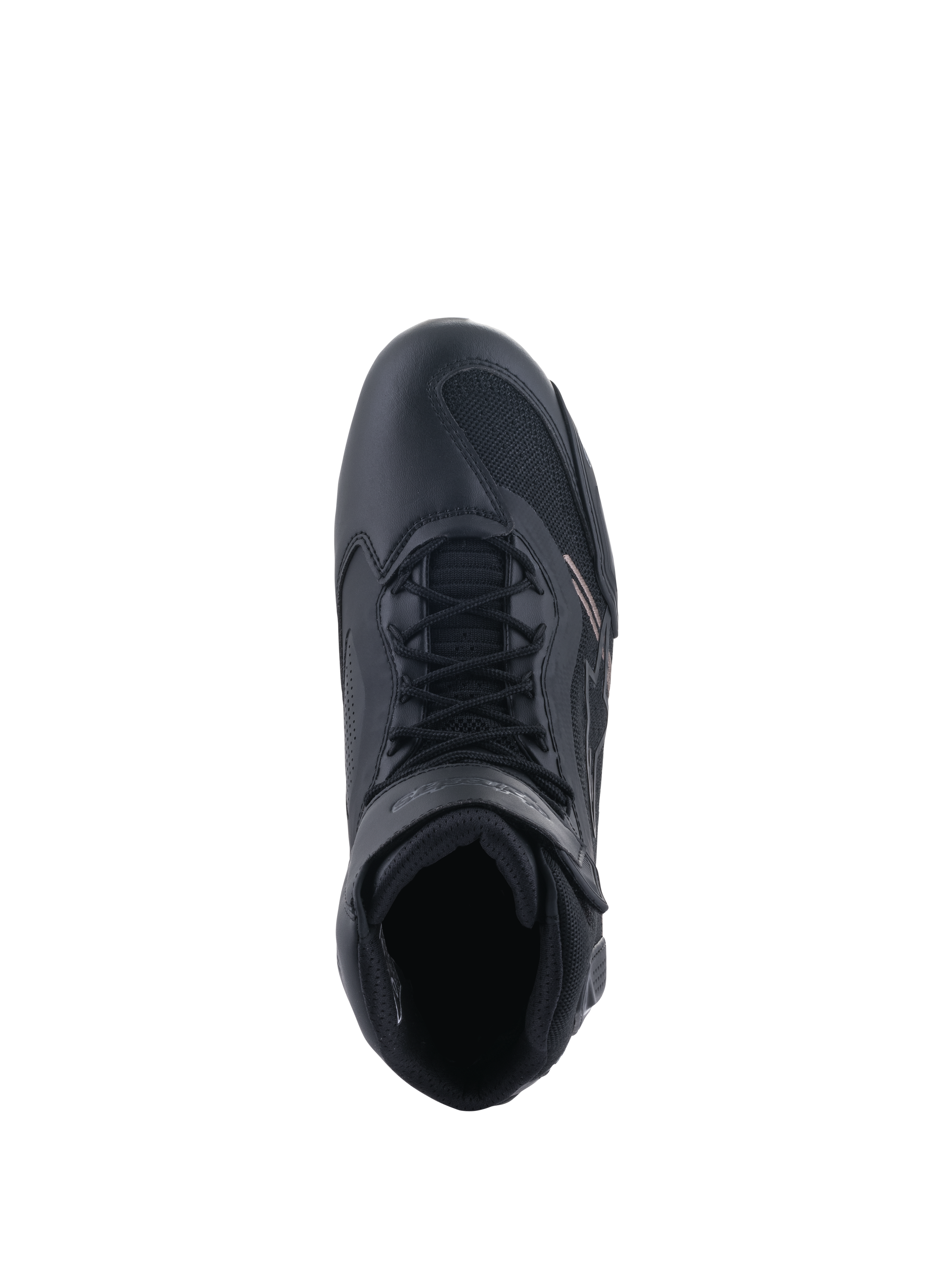 Alpinestars Faster-3 Rideknit® Shoes, scarpe da moto, nero, vista dall'alto che mostra il sistema di allacciatura e il cinturino alla caviglia, con un mix di mesh traspirante e microfibra, design sportivo per la guida su strada ad alte prestazioni