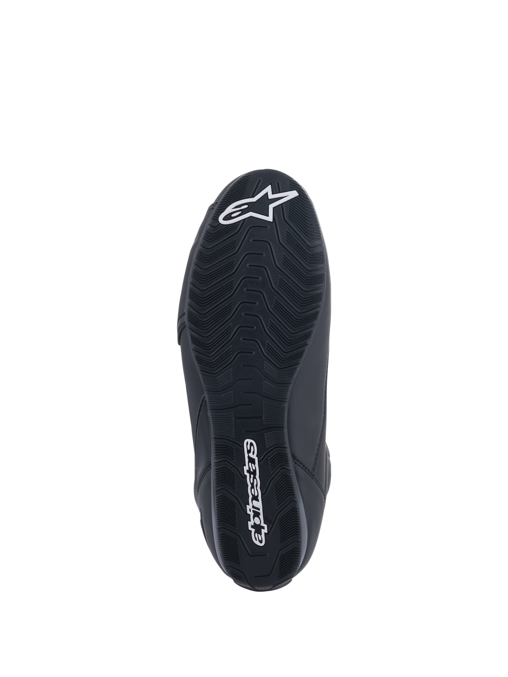 Alpinestars Faster-3 Rideknit® Shoes, scarpe da moto, nero, vista dal basso della suola con battistrada testurizzato, scritta Alpinestars e logo a stella bianchi, progettate per prestazioni di guida su strada