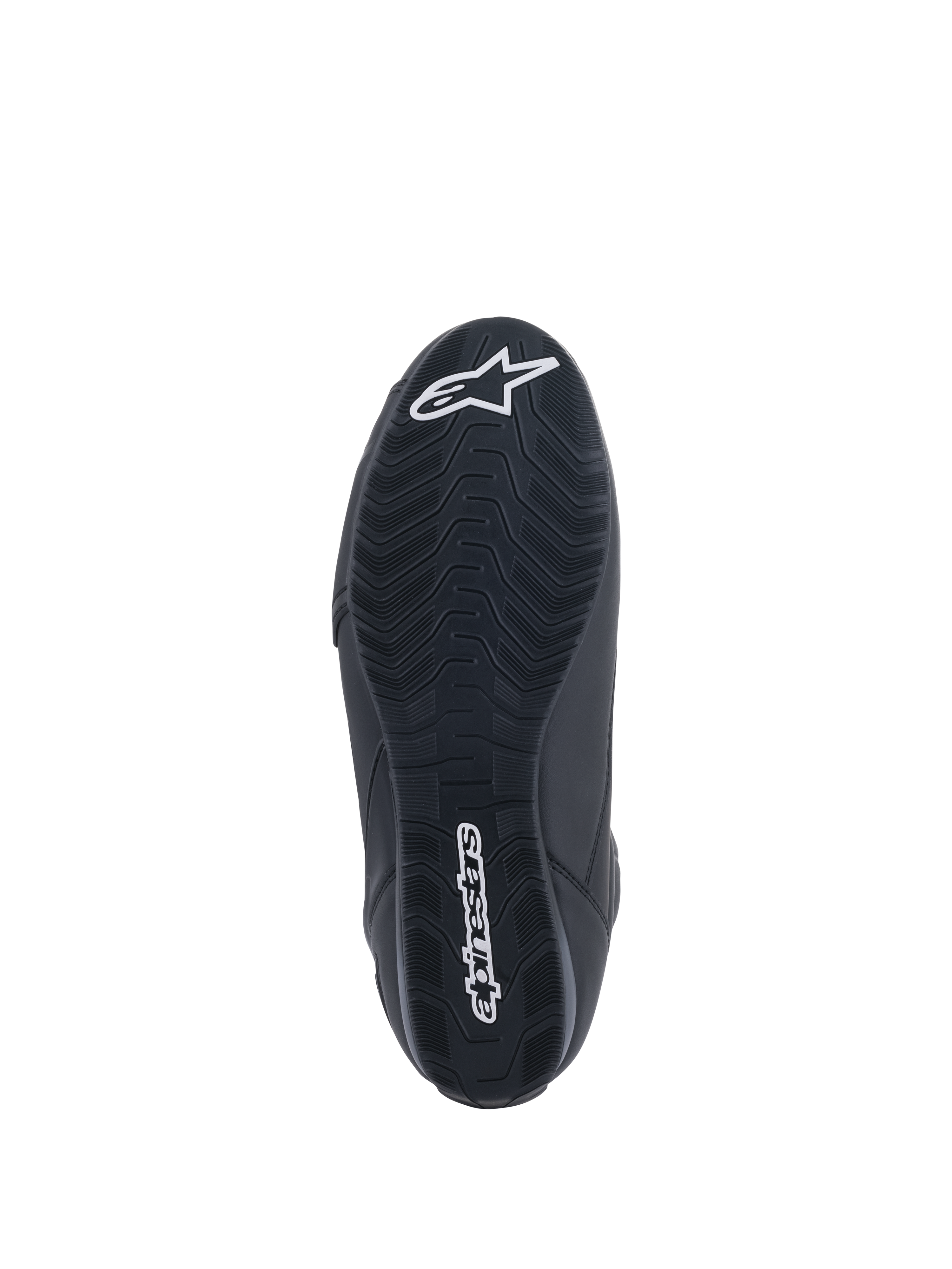 Alpinestars Faster-3 Rideknit® Shoes, scarpe da moto, nero, vista dal basso della suola con battistrada testurizzato, scritta Alpinestars e logo a stella bianchi, progettate per prestazioni di guida su strada