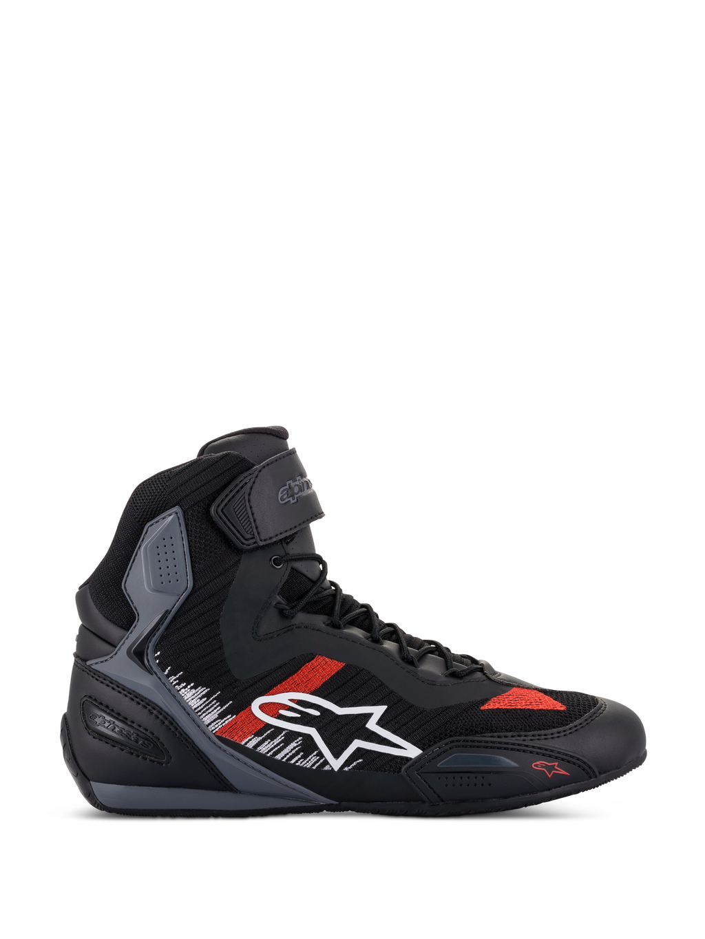 Alpinestars Faster-3 Rideknit Shoes, sneaker da moto, nero con accenti grigi e rosso acceso, design high-top con logo a stella bianco, costruzione in maglia traspirante, cinturino alla caviglia, pannelli grigi testurizzati, suola nera e grigia