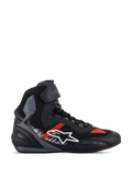 Alpinestars Faster-3 Rideknit Shoes, sneaker da moto, nero con accenti grigi e rosso acceso, design high-top con logo a stella bianco, costruzione in maglia traspirante, cinturino alla caviglia, pannelli grigi testurizzati, suola nera e grigia