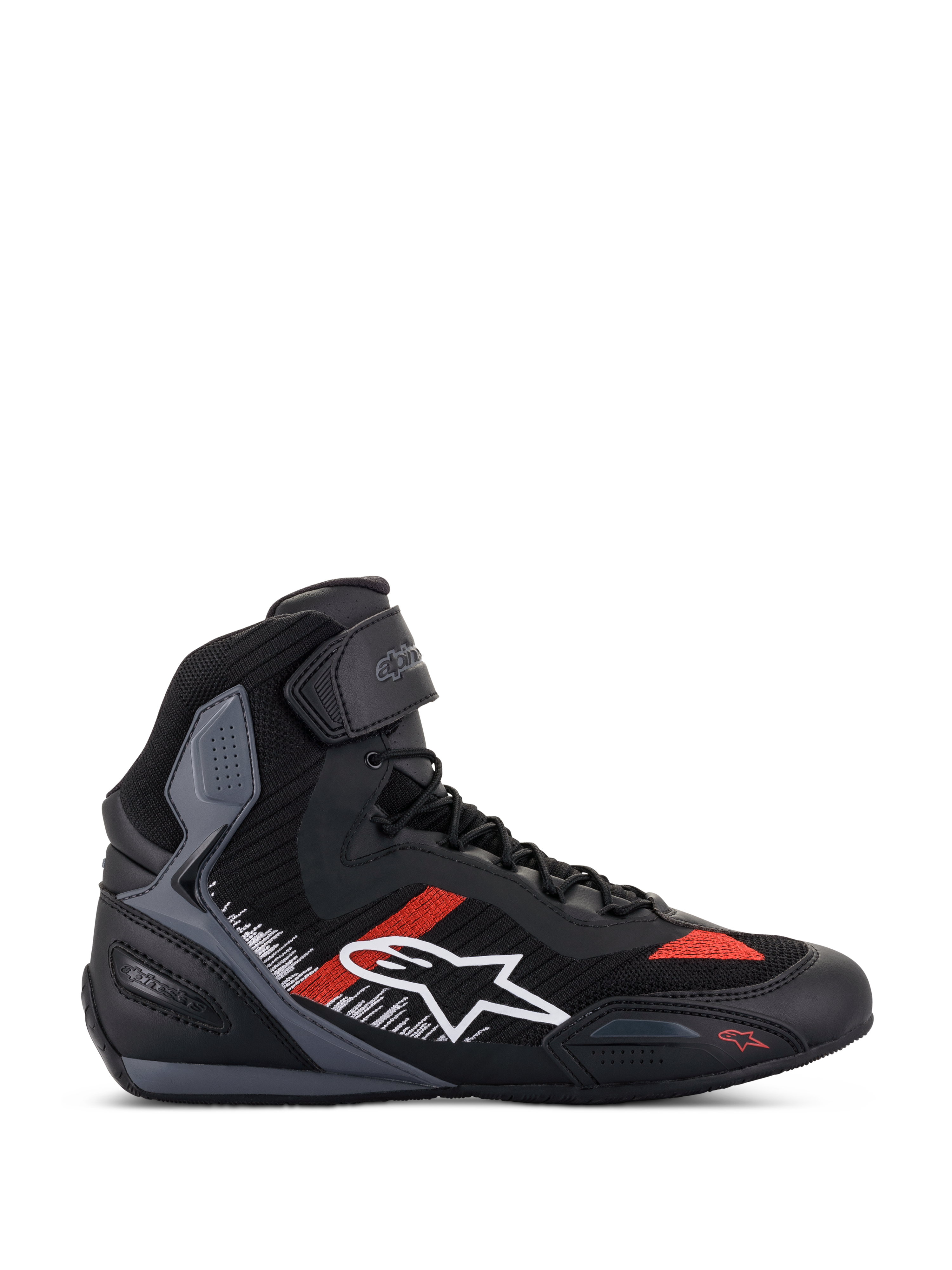 Alpinestars Faster-3 Rideknit Shoes, sneaker da moto, nero con accenti grigi e rosso acceso, design high-top con logo a stella bianco, costruzione in maglia traspirante, cinturino alla caviglia, pannelli grigi testurizzati, suola nera e grigia
