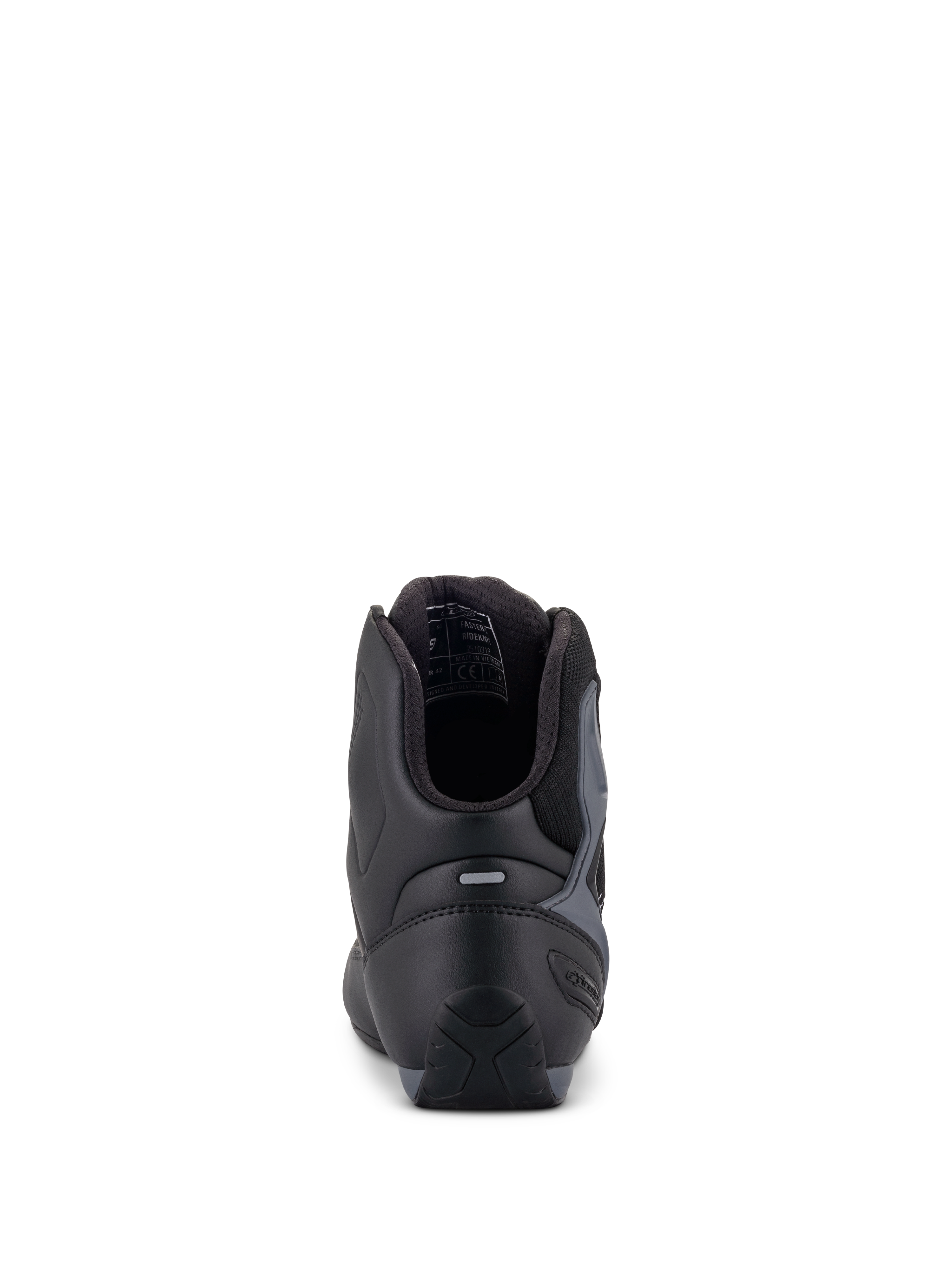 Alpinestars Faster-3 Rideknit®, scarpe da moto, nero, grigio e rosso acceso, vista posteriore che mostra il contrafforte del tallone in TPR e il colletto imbottito, elegante costruzione in microfibra e tessuto