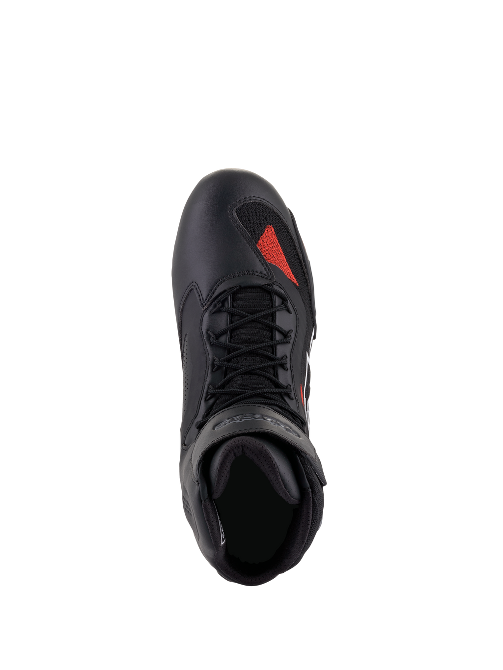 Scarpe Alpinestars Faster-3 Rideknit®, Nero Grigio Rosso Brillante, vista dall'alto, con tomaia in microfibra nera e inserto in maglia rossa sulla punta, lacci neri e colletto imbottito, calzatura tecnica da moto