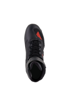 Scarpe Alpinestars Faster-3 Rideknit®, Nero Grigio Rosso Brillante, vista dall'alto, con tomaia in microfibra nera e inserto in maglia rossa sulla punta, lacci neri e colletto imbottito, calzatura tecnica da moto