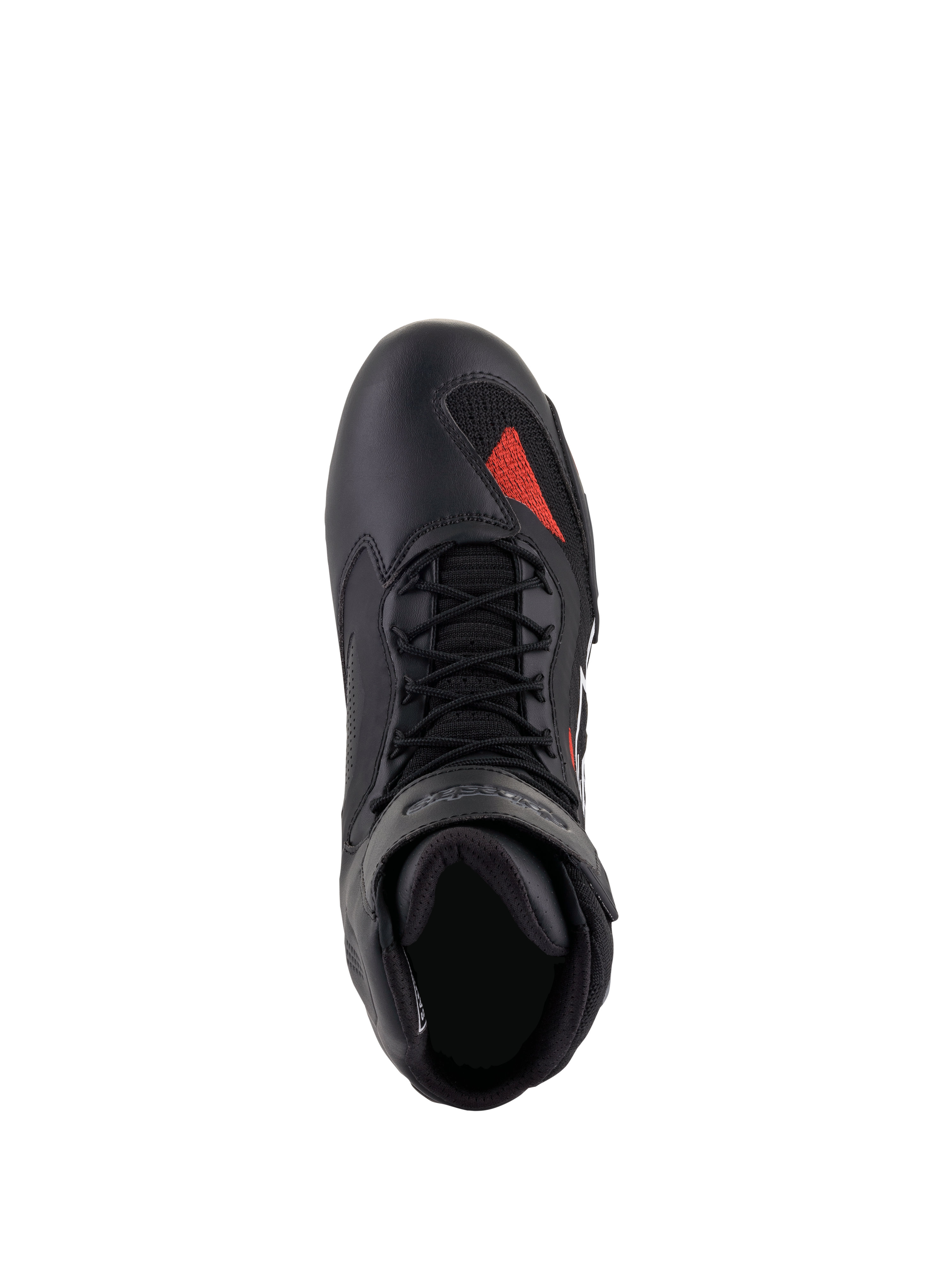 Scarpe Alpinestars Faster-3 Rideknit®, Nero Grigio Rosso Brillante, vista dall'alto, con tomaia in microfibra nera e inserto in maglia rossa sulla punta, lacci neri e colletto imbottito, calzatura tecnica da moto
