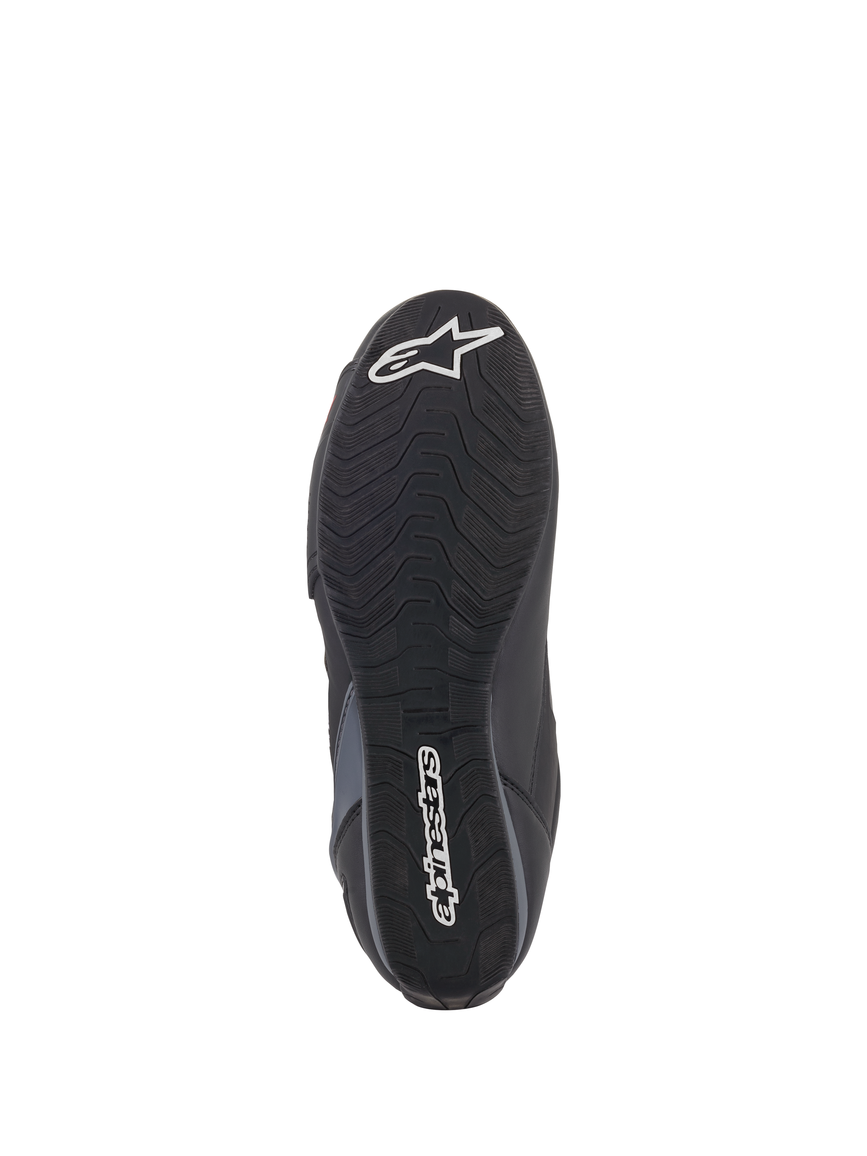 Scarpe Alpinestars Faster-3 Rideknit®, vista della suola, suola in gomma nera con motivo di trazione ondulato, con scritta Alpinestars e logo a stella bianchi, dettaglio del grip per la guida in moto
