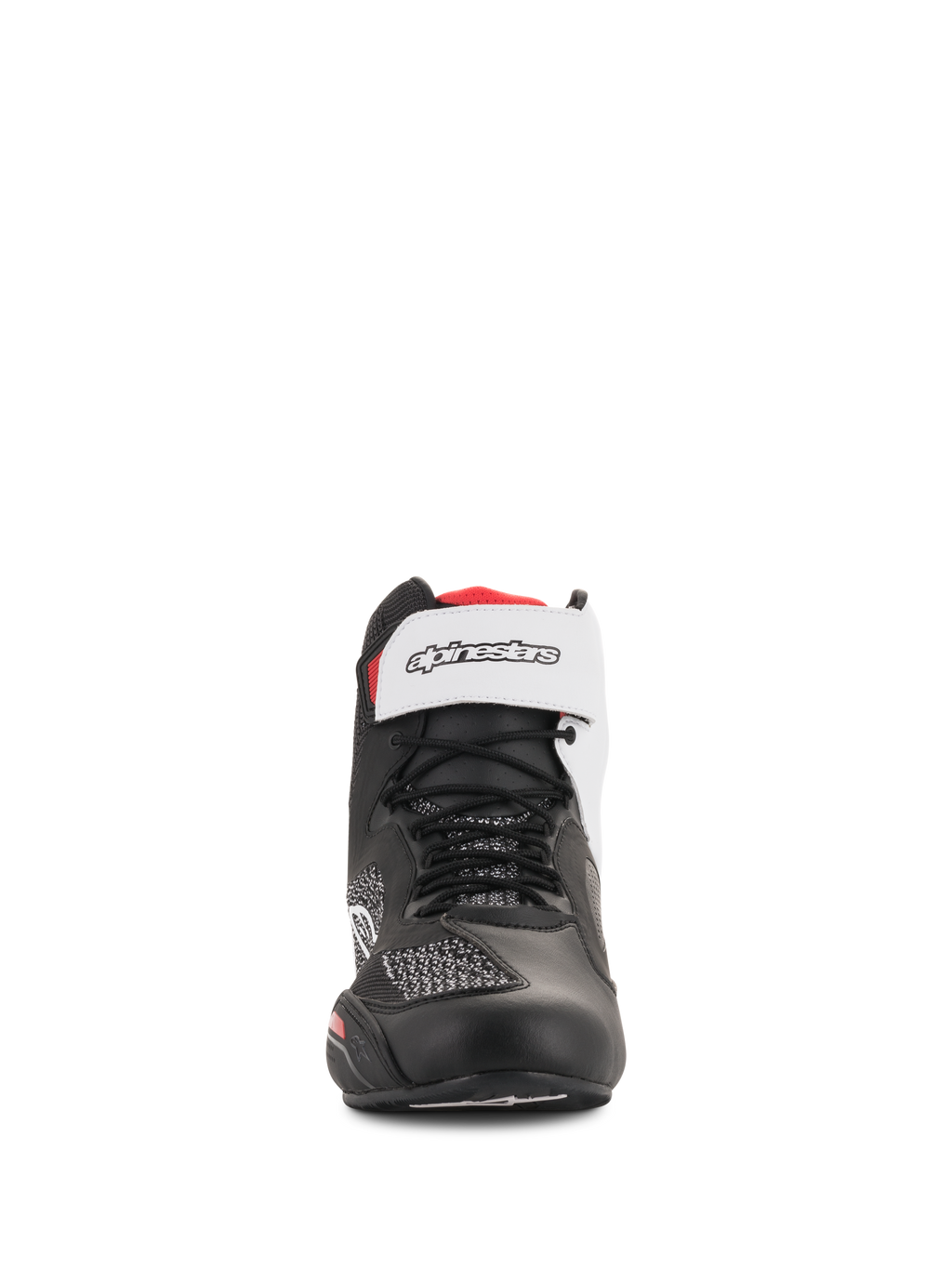 Scarpe Alpinestars Faster-3 Rideknit®, nero, bianco e rosso, vista frontale, con lacci neri e cinturino bianco a strappo sulla caviglia con marchio, tomaia in mesh traspirante e microfibra, calzature tecniche da moto