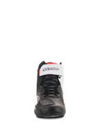 Scarpe Alpinestars Faster-3 Rideknit®, nero, bianco e rosso, vista frontale, con lacci neri e cinturino bianco a strappo sulla caviglia con marchio, tomaia in mesh traspirante e microfibra, calzature tecniche da moto
