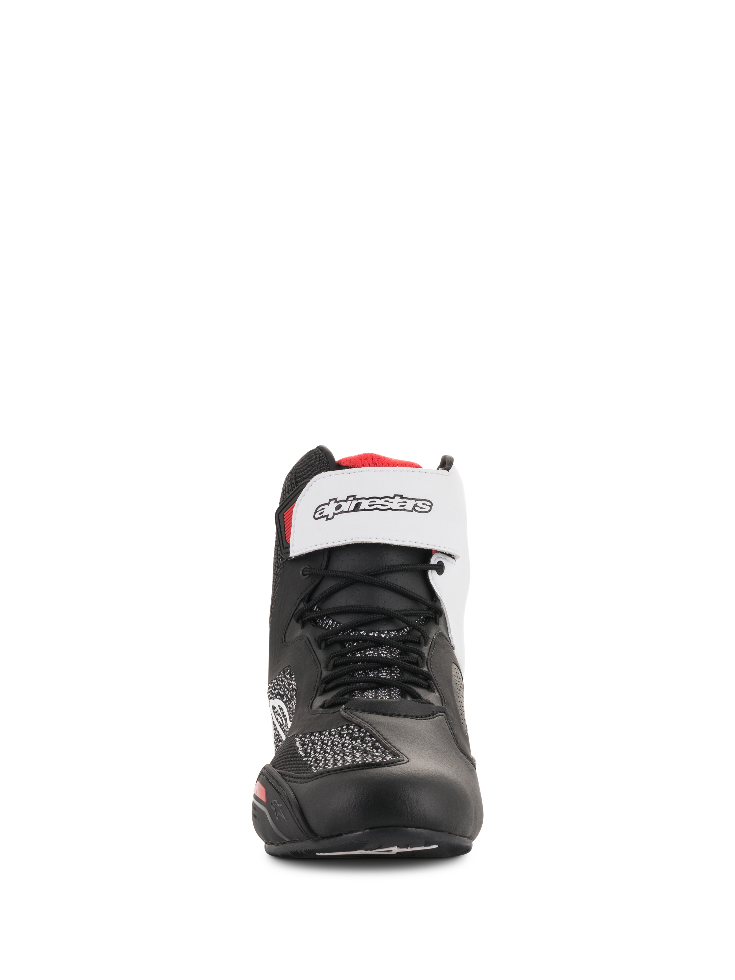 Scarpe Alpinestars Faster-3 Rideknit®, nero, bianco e rosso, vista frontale, con lacci neri e cinturino bianco a strappo sulla caviglia con marchio, tomaia in mesh traspirante e microfibra, calzature tecniche da moto