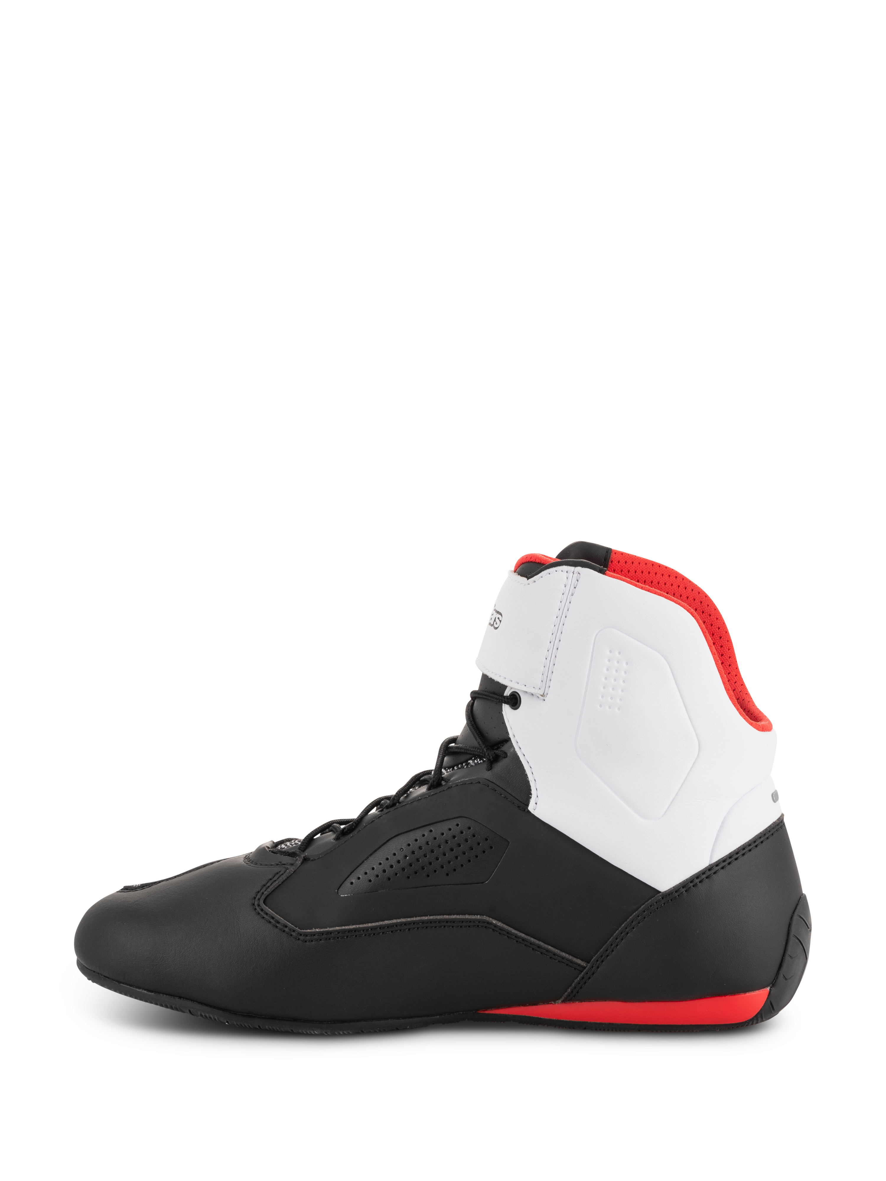 Scarpe Alpinestars Faster-3 Rideknit®, scarpe da moto, nero, bianco e rosso, profilo laterale con telaio inferiore nero, pannello sulla caviglia bianco, fodera interna rossa e dettaglio rosso sulla suola nel tallone, design sportivo da corsa su strada