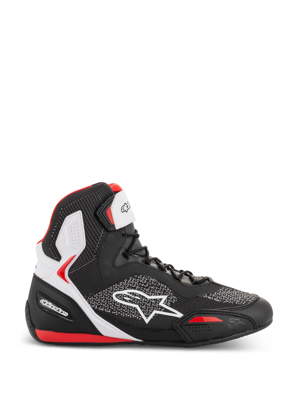 Alpinestars Faster-3 Rideknit Shoes, scarpe alte da moto, nero, bianco e rosso, tomaia in mesh traspirante con logo stella bianco, supporto caviglia imbottito, design sportivo da corsa su strada