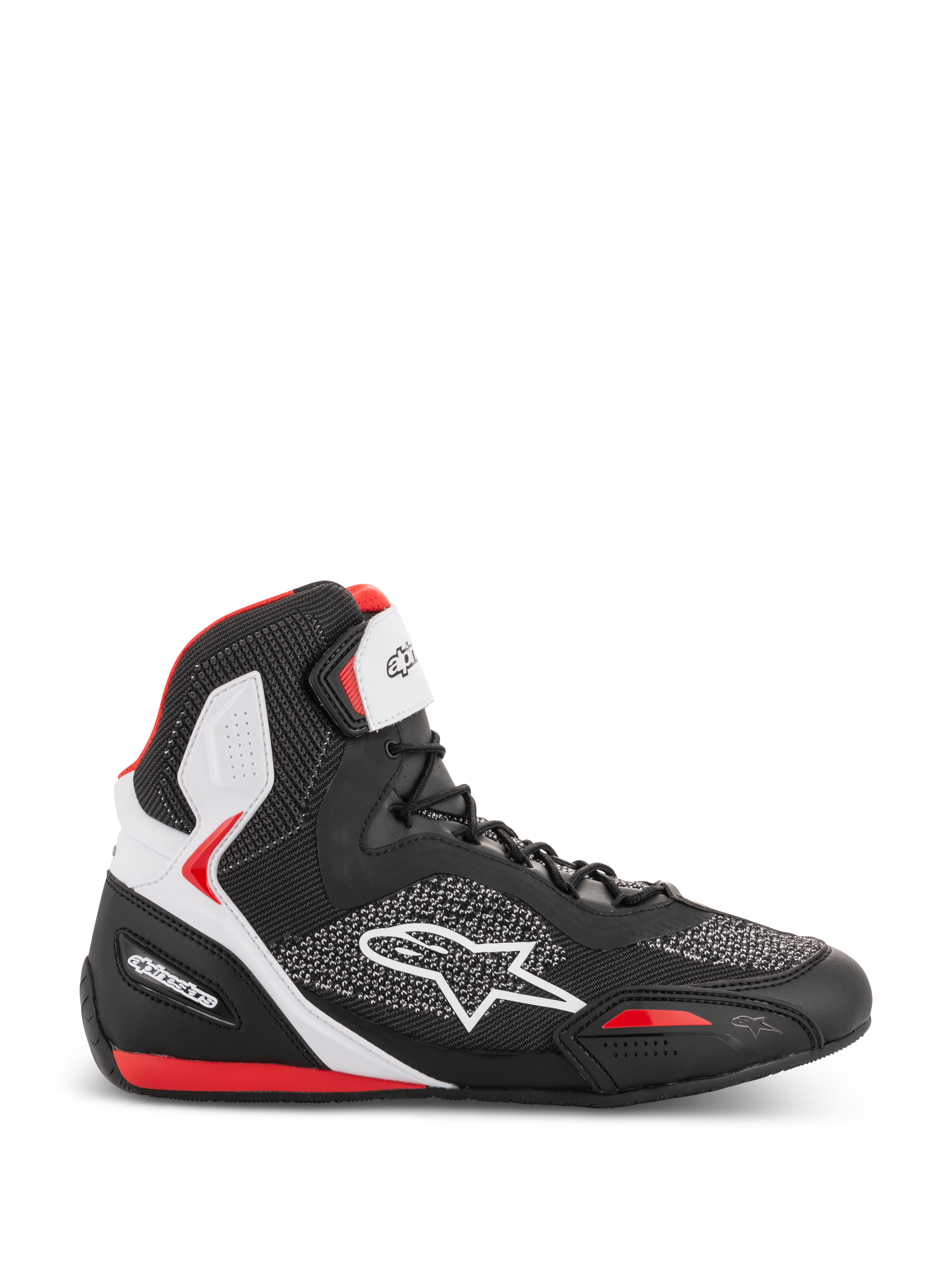 Alpinestars Faster-3 Rideknit Shoes, scarpe alte da moto, nero, bianco e rosso, tomaia in mesh traspirante con logo stella bianco, supporto caviglia imbottito, design sportivo da corsa su strada