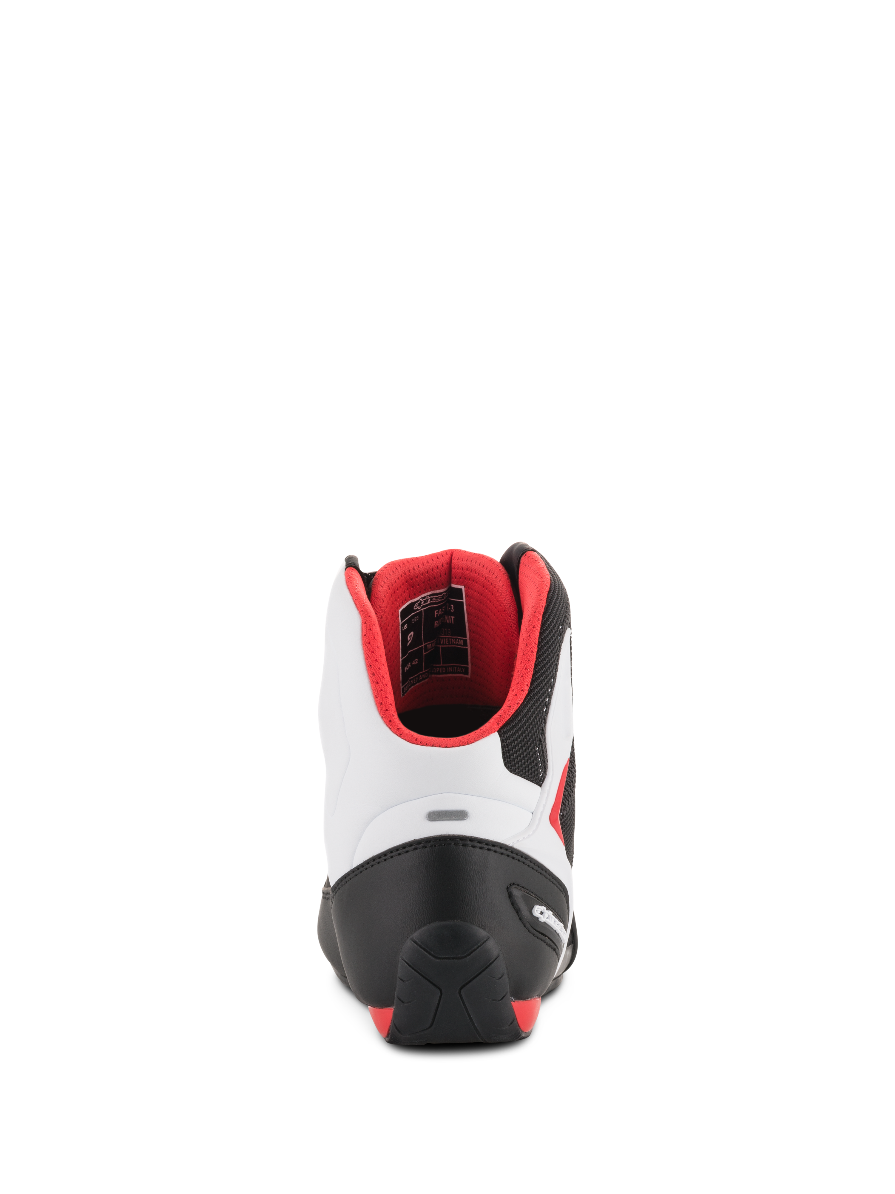 Scarpe Alpinestars Faster-3 Rideknit®, scarpe da moto, nero, bianco e rosso, vista posteriore con contrafforte del tallone in TPR e fodera interna in rete rossa, design sportivo con telaio in microfibra