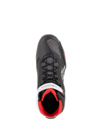 Alpinestars Faster-3 Rideknit® Shoes, scarpe da moto, nero, bianco e rosso, vista dall'alto con struttura in microfibra nera, pannelli in maglia traspirante, logo Alpinestars bianco e fodera interna rosso acceso