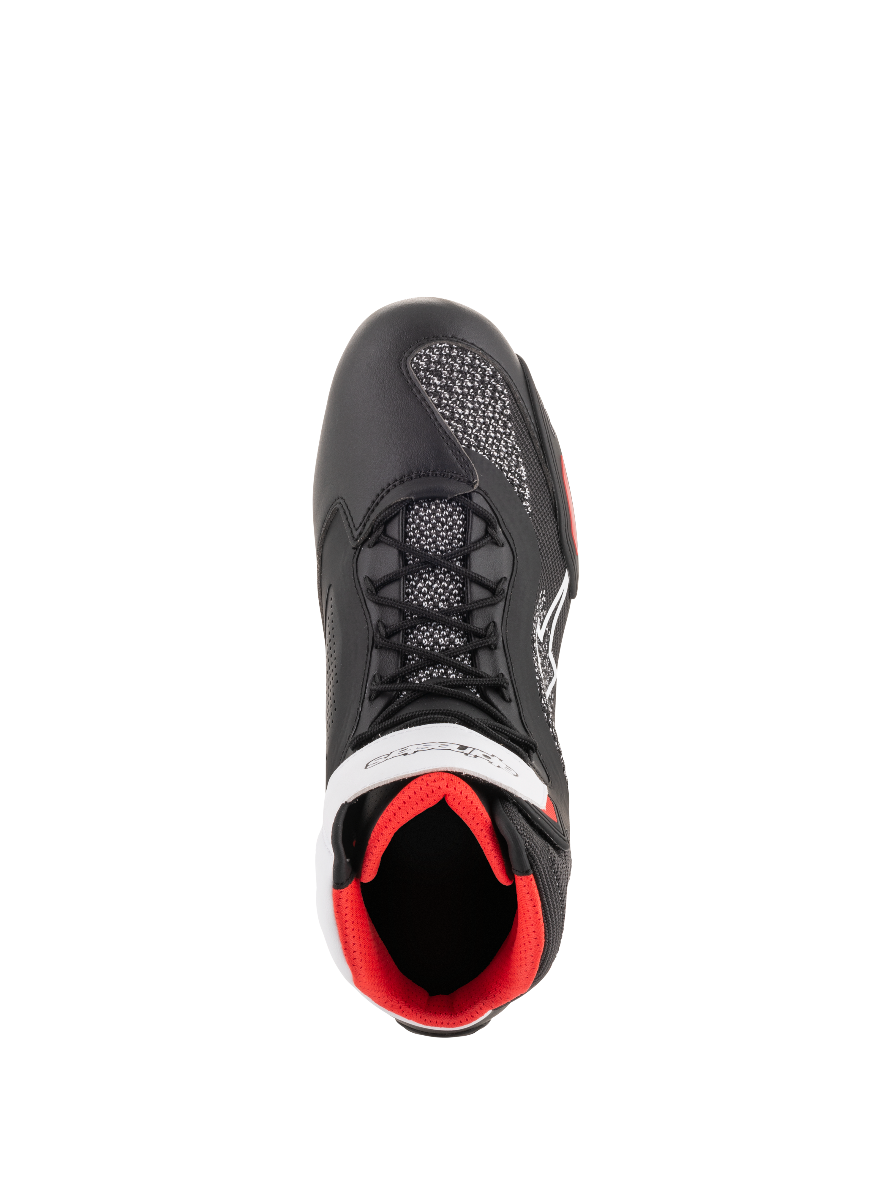 Alpinestars Faster-3 Rideknit® Shoes, scarpe da moto, nero, bianco e rosso, vista dall'alto con struttura in microfibra nera, pannelli in maglia traspirante, logo Alpinestars bianco e fodera interna rosso acceso