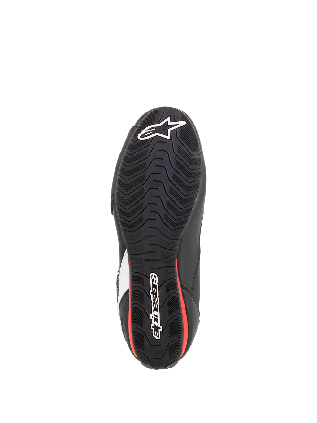 Scarpe Alpinestars Faster-3 Rideknit®, vista della suola, nero e rosso, suola in gomma testurizzata con logo a stella e marchio Alpinestars bianchi, calzature da moto stradali