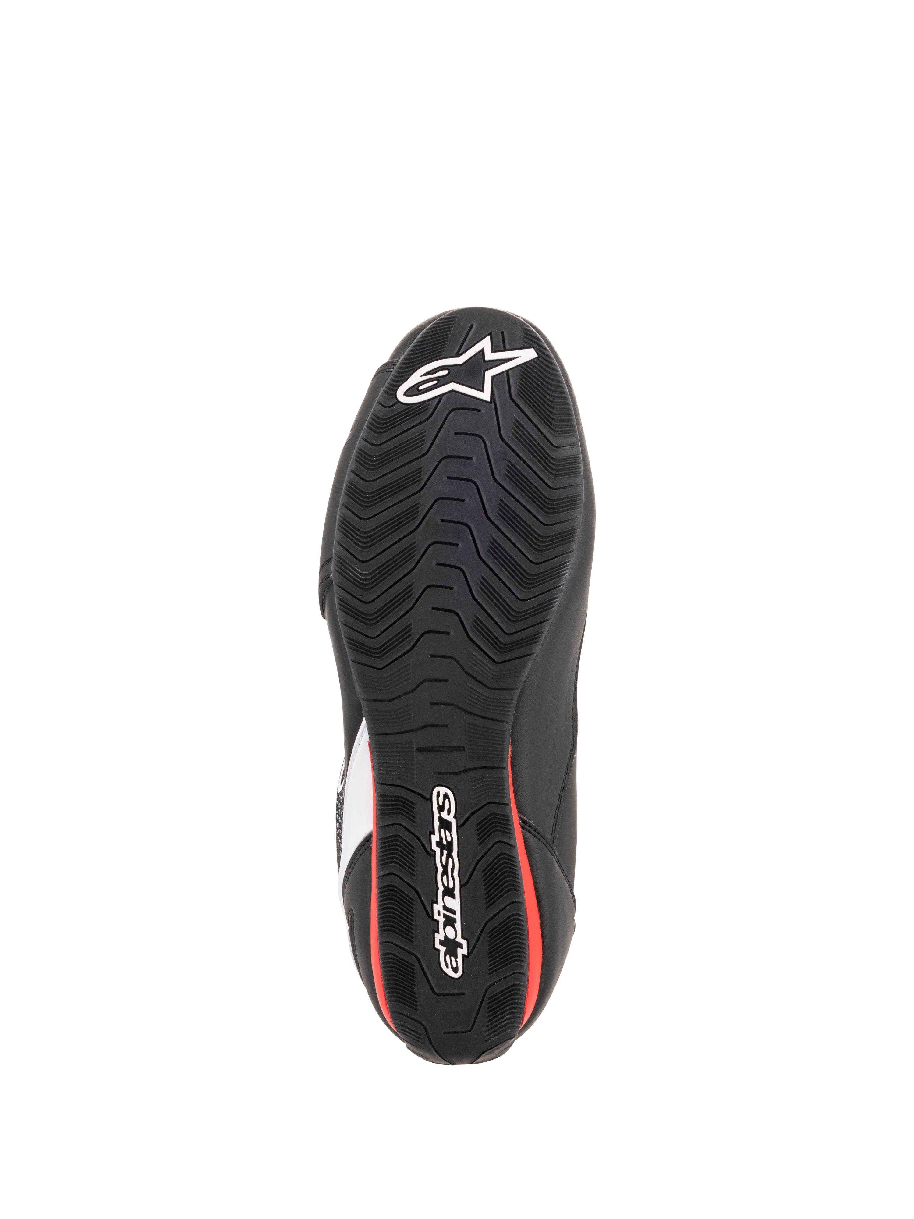 Scarpe Alpinestars Faster-3 Rideknit®, vista della suola, nero e rosso, suola in gomma testurizzata con logo a stella e marchio Alpinestars bianchi, calzature da moto stradali