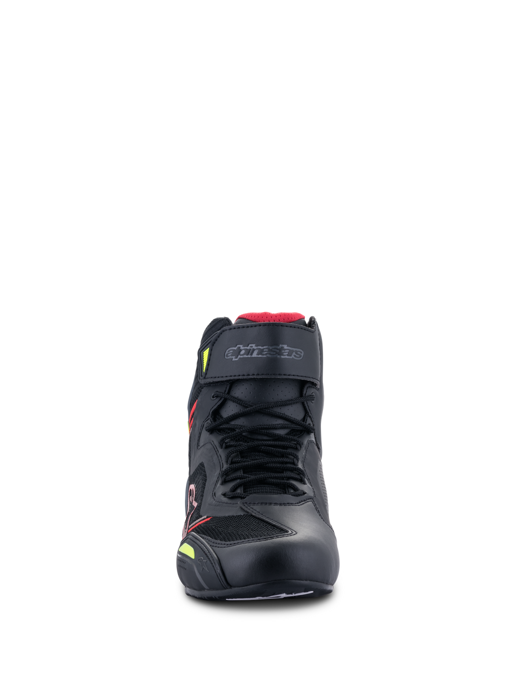 Scarpe Alpinestars Faster-3 Rideknit®, scarpe da moto, nero con dettagli rosso e giallo fluo, vista frontale con lacci, cinturino in velcro sulla caviglia e pannelli in maglia traspirante con fodera rossa