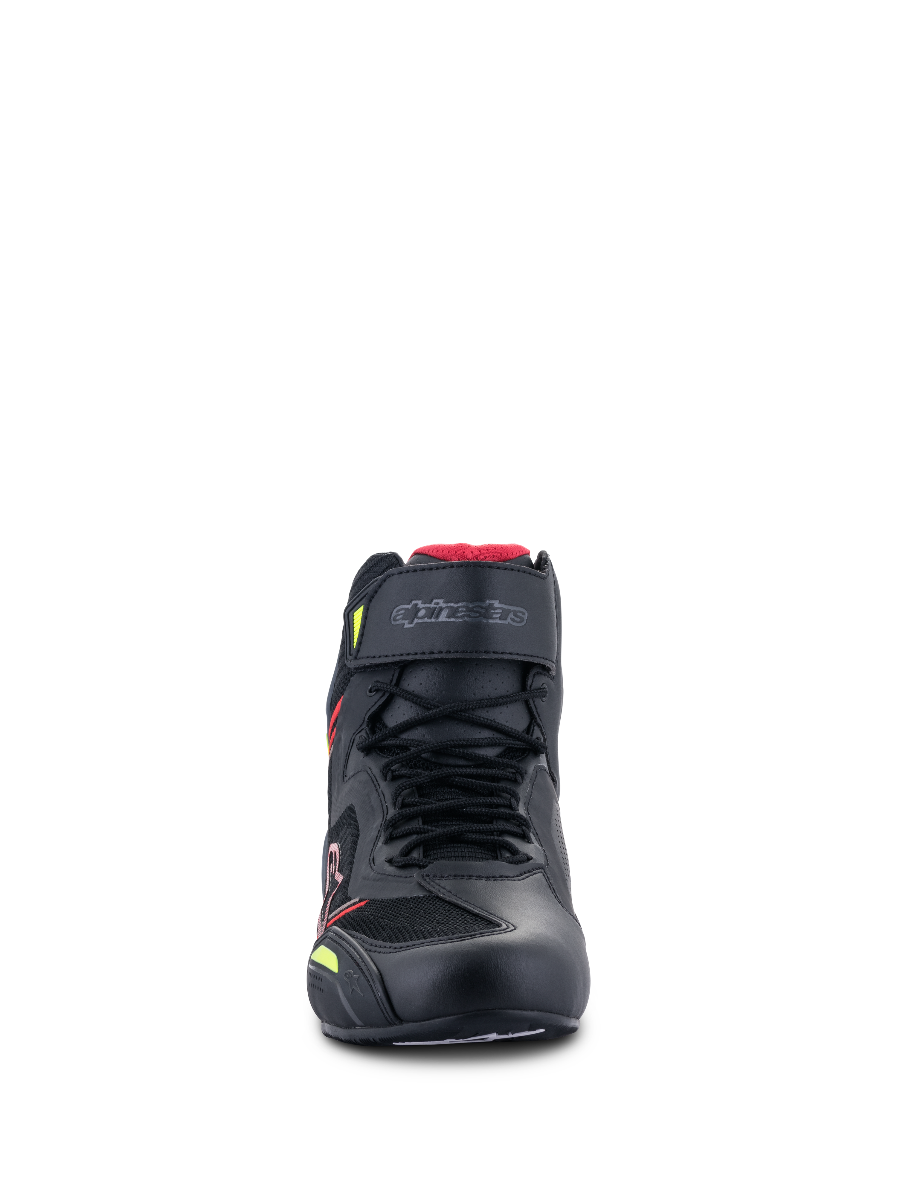 Scarpe Alpinestars Faster-3 Rideknit®, scarpe da moto, nero con dettagli rosso e giallo fluo, vista frontale con lacci, cinturino in velcro sulla caviglia e pannelli in maglia traspirante con fodera rossa
