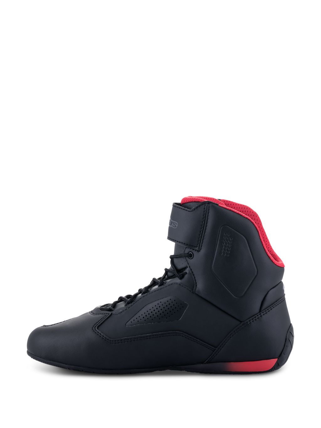 Alpinestars Faster-3 Rideknit® Shoes, scarpe da moto, nero e rosso, vista laterale di profilo, con fodera in mesh rossa, cinturino alla caviglia e telaio in microfibra traforata