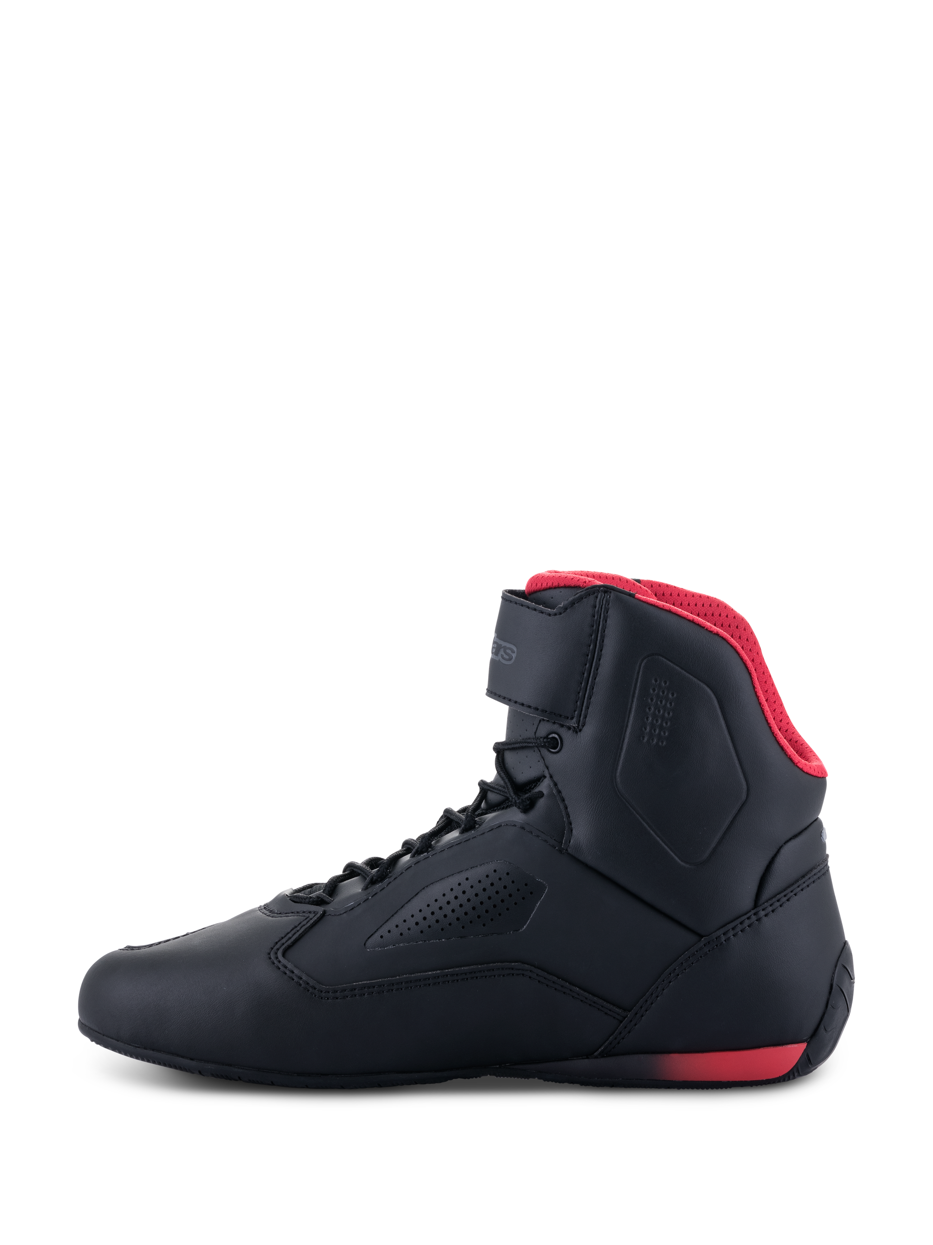 Alpinestars Faster-3 Rideknit® Shoes, scarpe da moto, nero e rosso, vista laterale di profilo, con fodera in mesh rossa, cinturino alla caviglia e telaio in microfibra traforata