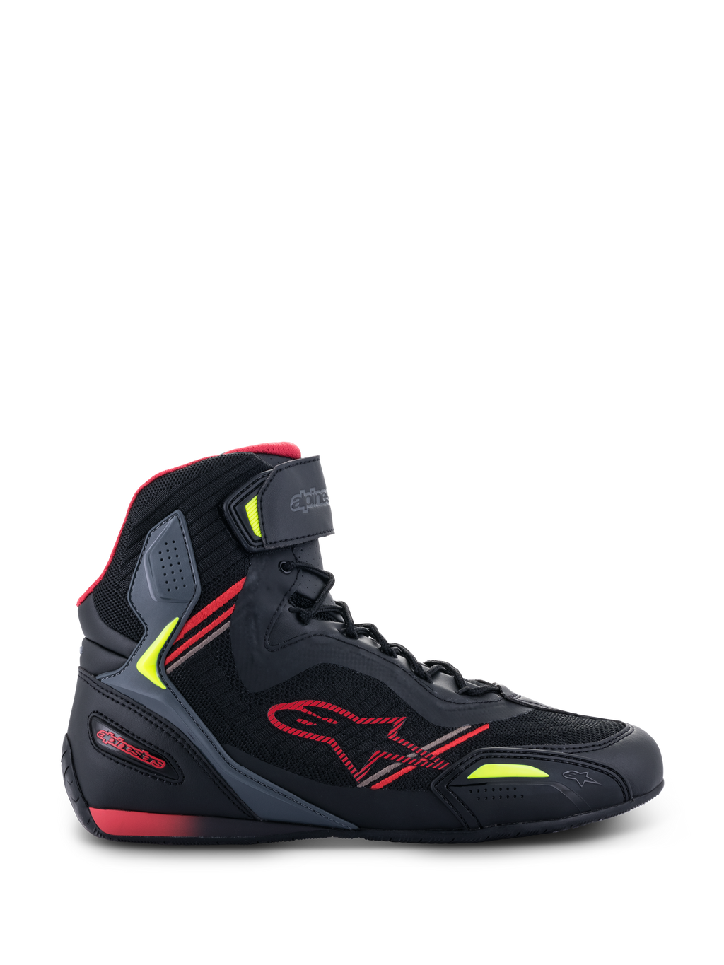 Alpinestars Faster-3 Rideknit® Shoes, scarpe da moto, nero con dettagli rossi e giallo fluo, profilo laterale con struttura in mesh traspirante e microfibra, design a collo alto con logo a stella rosso e cinturino regolabile sulla caviglia