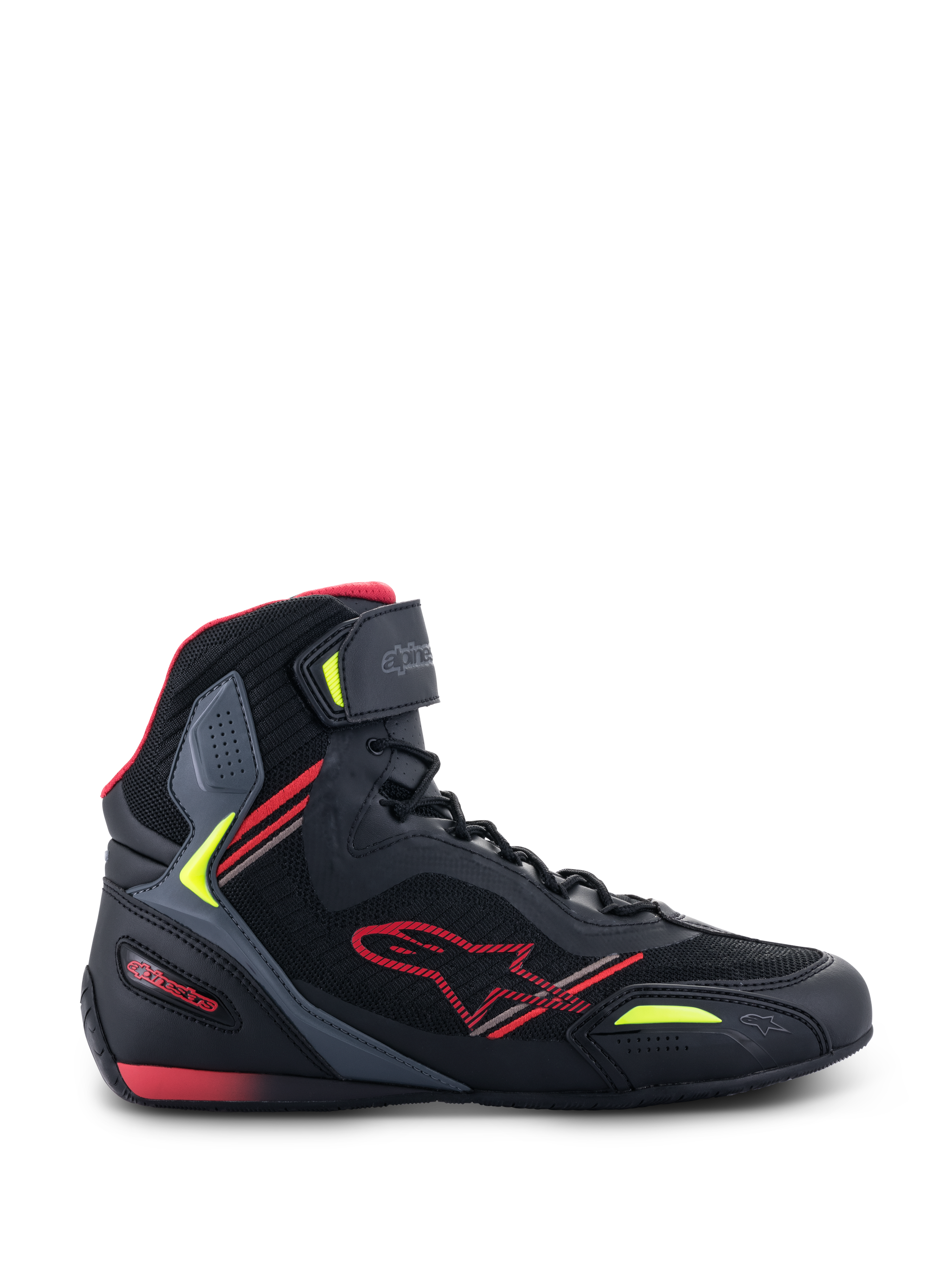 Alpinestars Faster-3 Rideknit® Shoes, scarpe da moto, nero con dettagli rossi e giallo fluo, profilo laterale con struttura in mesh traspirante e microfibra, design a collo alto con logo a stella rosso e cinturino regolabile sulla caviglia