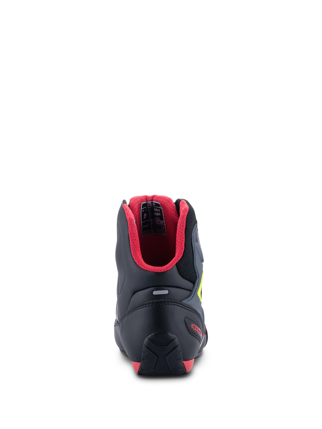 Scarpe Alpinestars Faster-3 Rideknit®, vista posteriore, nero con fodera interna rossa e accenti giallo fluo, con contrafforte del tallone in TPR e striscia riflettente, scarpe da moto tecniche