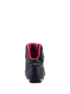 Scarpe Alpinestars Faster-3 Rideknit®, vista posteriore, nero con fodera interna rossa e accenti giallo fluo, con contrafforte del tallone in TPR e striscia riflettente, scarpe da moto tecniche