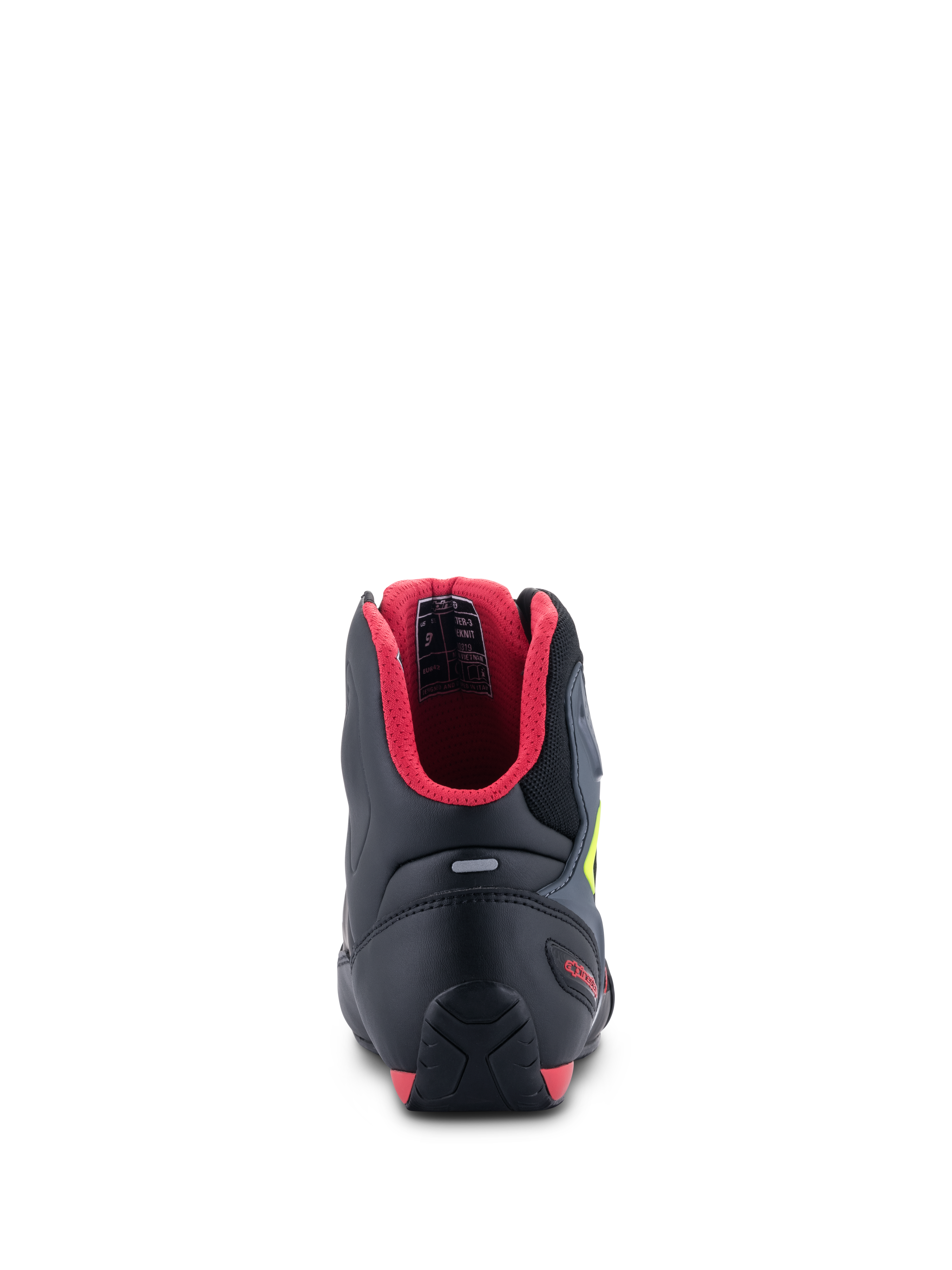 Scarpe Alpinestars Faster-3 Rideknit®, vista posteriore, nero con fodera interna rossa e accenti giallo fluo, con contrafforte del tallone in TPR e striscia riflettente, scarpe da moto tecniche