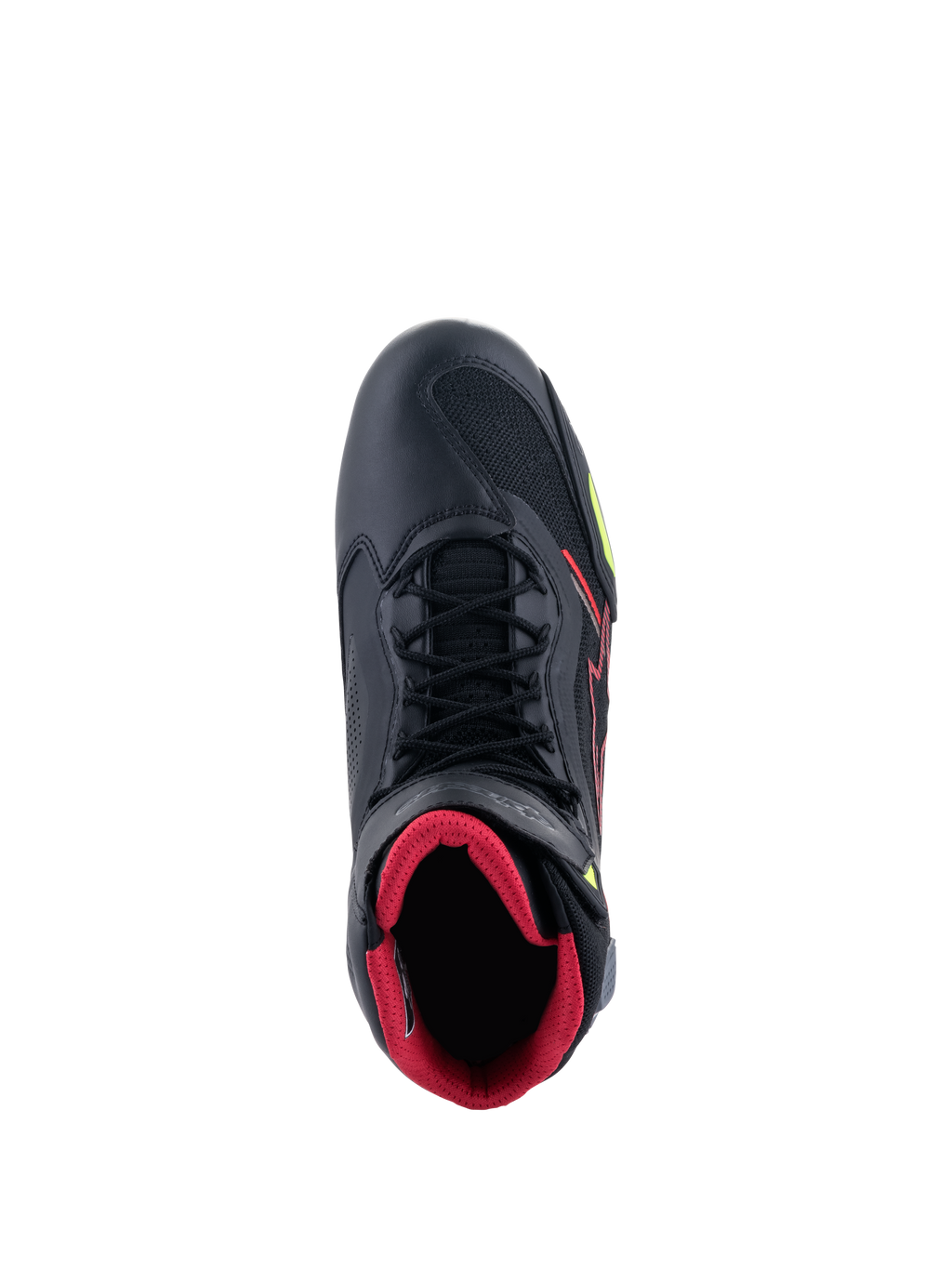 Scarpe Alpinestars Faster-3 Rideknit®, vista dall'alto di una scarpa da moto nera, con fodera interna rossa, lacci neri, pannelli in maglia traspirante e accenti rossi e giallo fluo, calzatura sportiva leggera per la guida