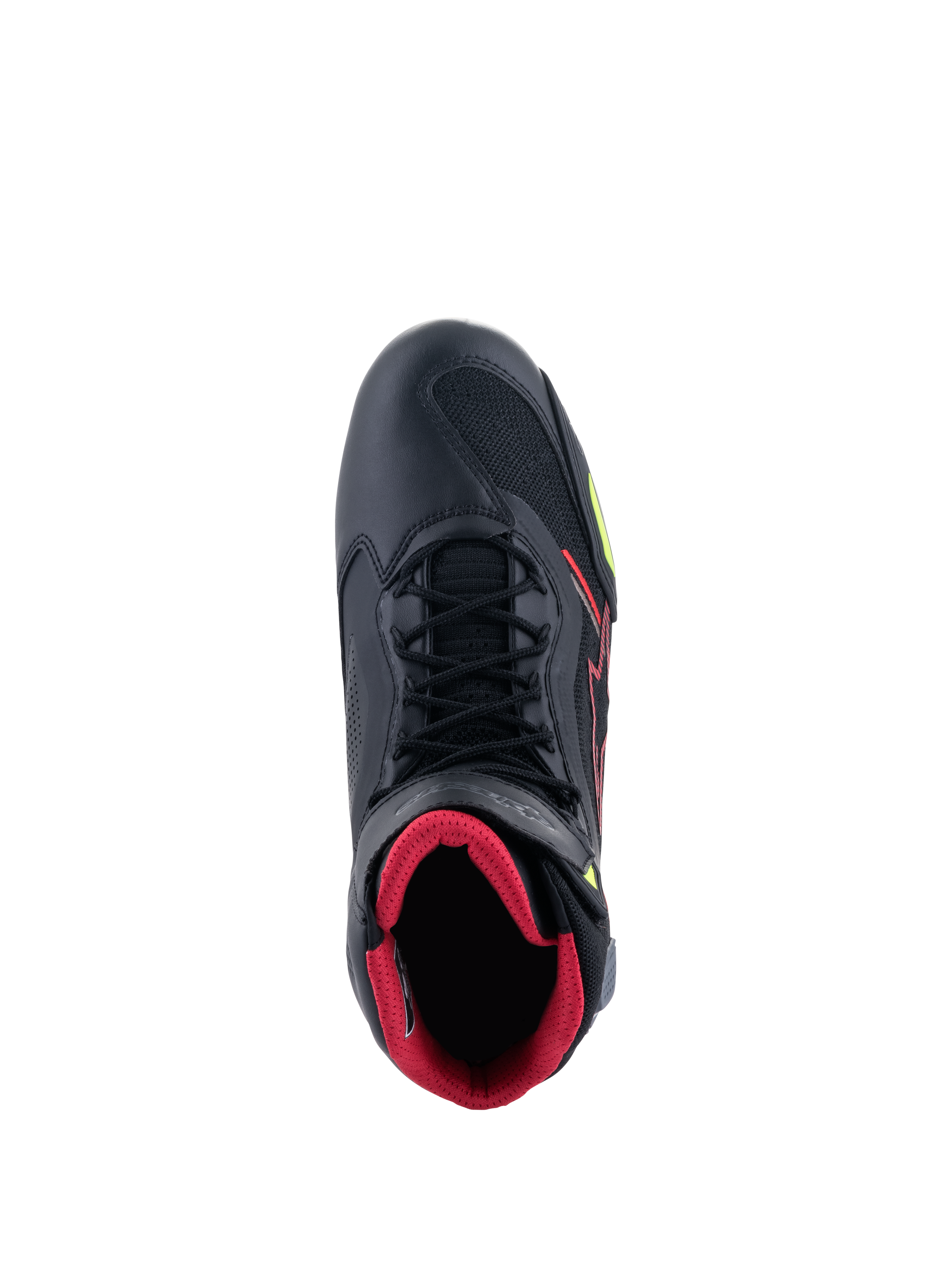 Scarpe Alpinestars Faster-3 Rideknit®, vista dall'alto di una scarpa da moto nera, con fodera interna rossa, lacci neri, pannelli in maglia traspirante e accenti rossi e giallo fluo, calzatura sportiva leggera per la guida