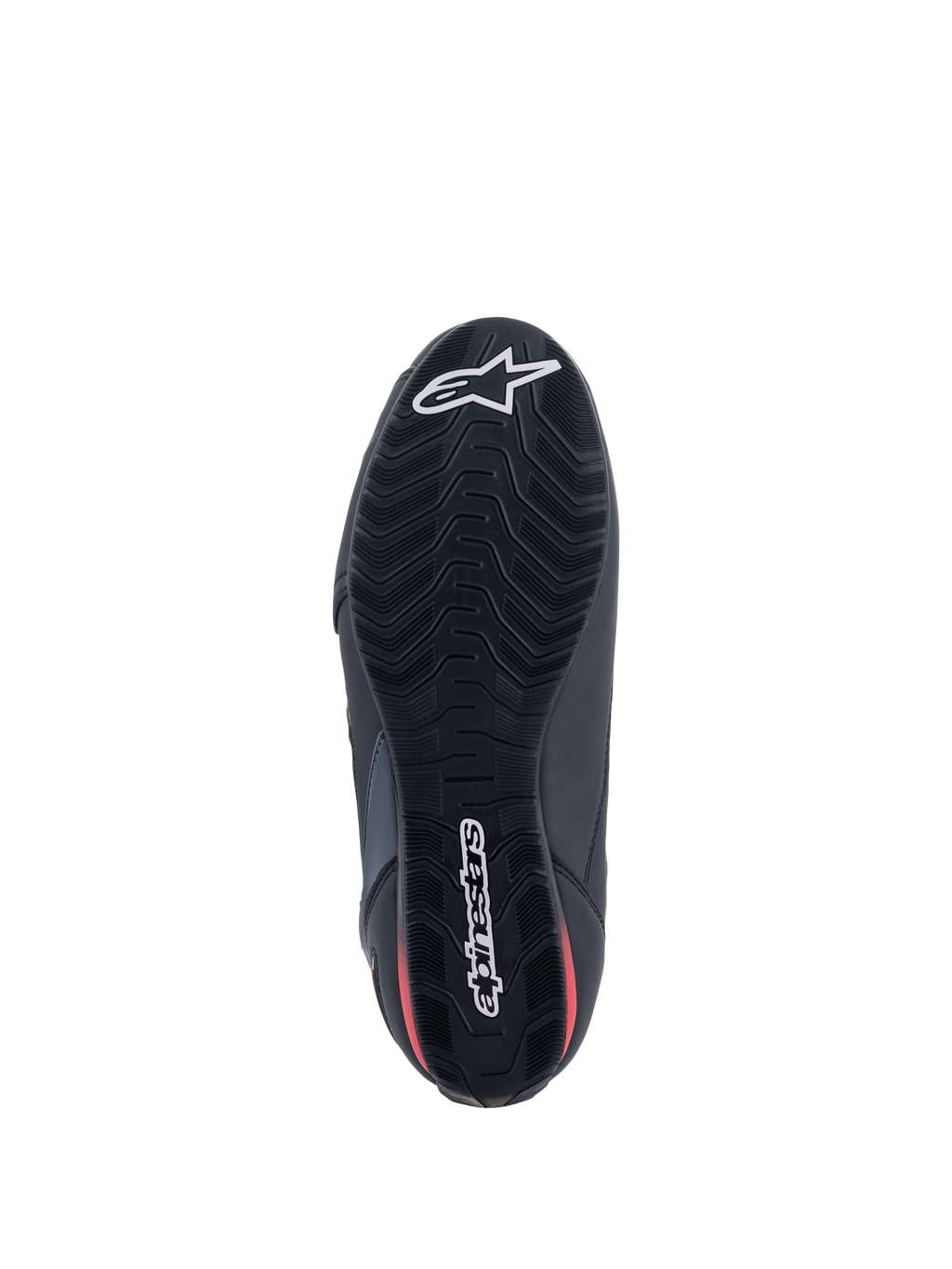 Scarpe Alpinestars Faster-3 Rideknit®, vista dal basso, suola nera con dettagli rossi, caratterizzata da un battistrada testurizzato per il grip, logo a stella Alpinestars bianco sulla punta e logo testuale sul tallone, calzatura da moto leggera