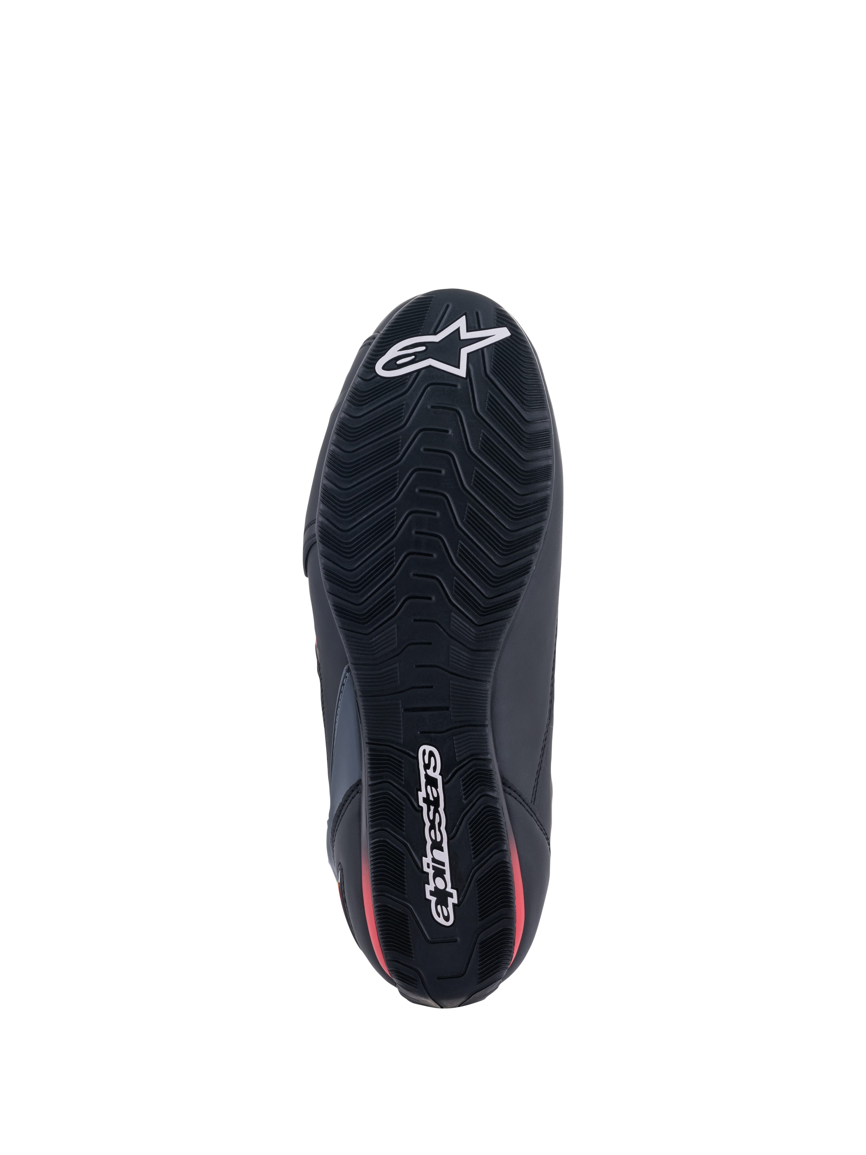 Scarpe Alpinestars Faster-3 Rideknit®, vista dal basso, suola nera con dettagli rossi, caratterizzata da un battistrada testurizzato per il grip, logo a stella Alpinestars bianco sulla punta e logo testuale sul tallone, calzatura da moto leggera