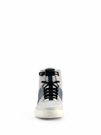 Alpinestars Circal Riding Shoes, grigio, nero e blu metile, vista frontale di calzatura urbana da moto con design high-top, pannelli in tela, lacci elastici neri e suola bianco sporco puntinata