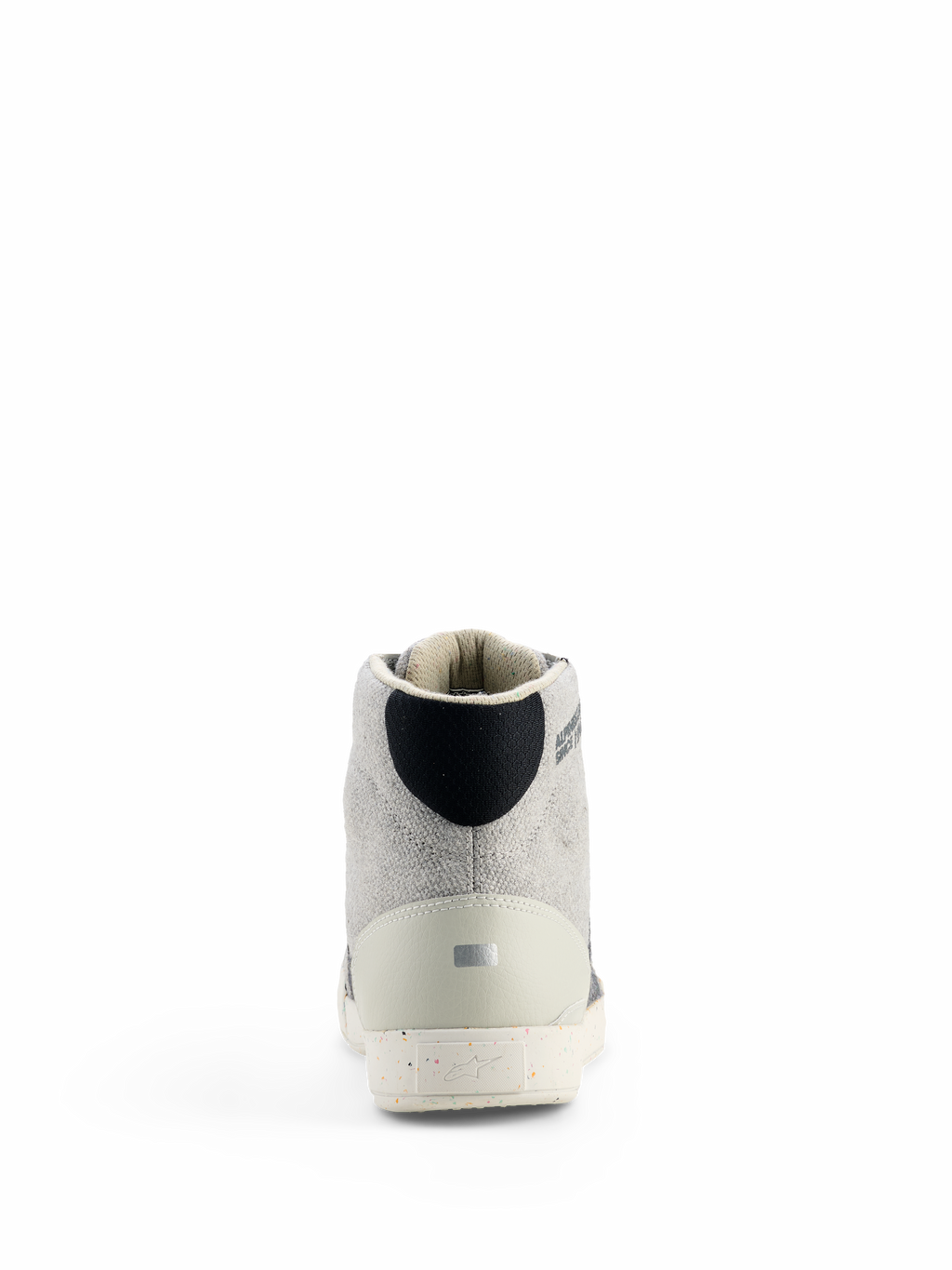 Scarpe da moto Alpinestars Circal, calzature urbane da moto, grigio e nero, vista posteriore con tomaia in tela grigio chiaro, dettaglio nero sul tallone, elemento argento riflettente sul contrafforte e suola in gomma riciclata puntinata con logo del brand.