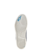 Alpinestars Circal Riding Shoes, vista della suola, suola in gomma riciclata bianco sporco con puntini colorati, motivo esagonale per la trazione, logo Alpinestars a stella blu, calzature da moto sostenibili per la guida urbana