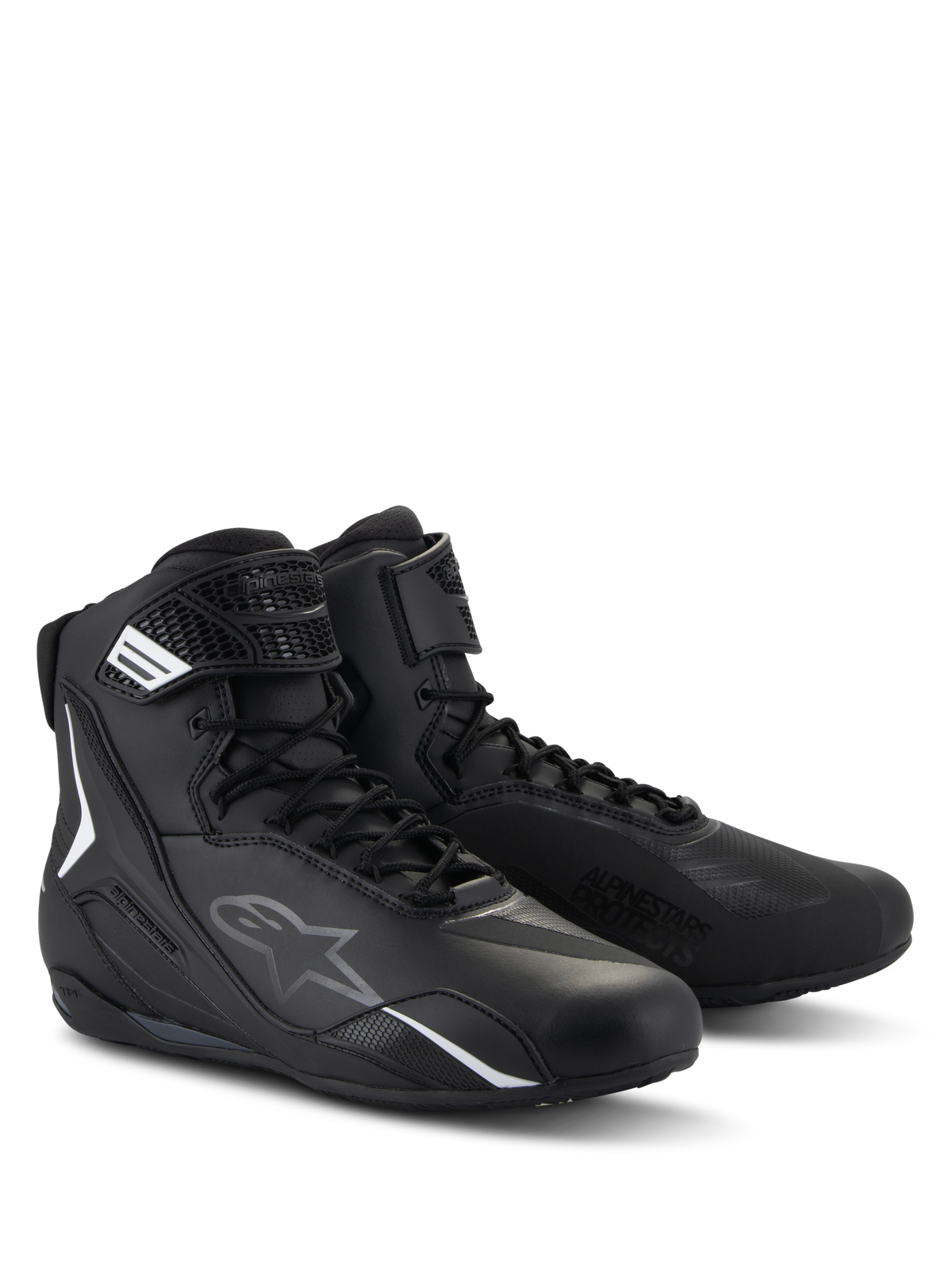 Alpinestars Faster-4 Shoes, scarpe da moto, nero, design a profilo alto con chiusura a lacci e cinturino a strappo, con loghi bianchi e grigi, costruzione in microfibra per la guida su strada
