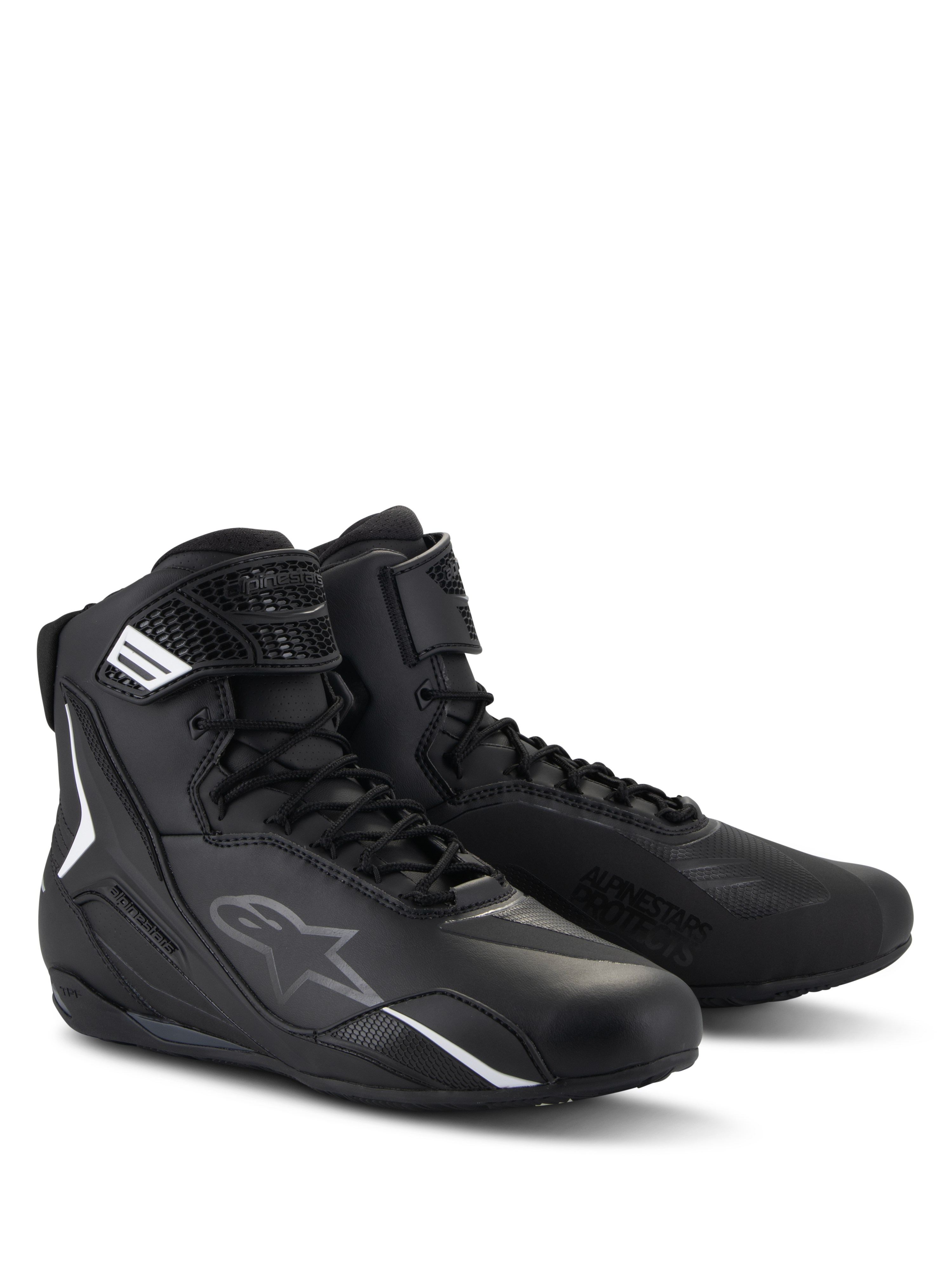 Alpinestars Faster-4 Shoes, scarpe da moto, nero, design a profilo alto con chiusura a lacci e cinturino a strappo, con loghi bianchi e grigi, costruzione in microfibra per la guida su strada