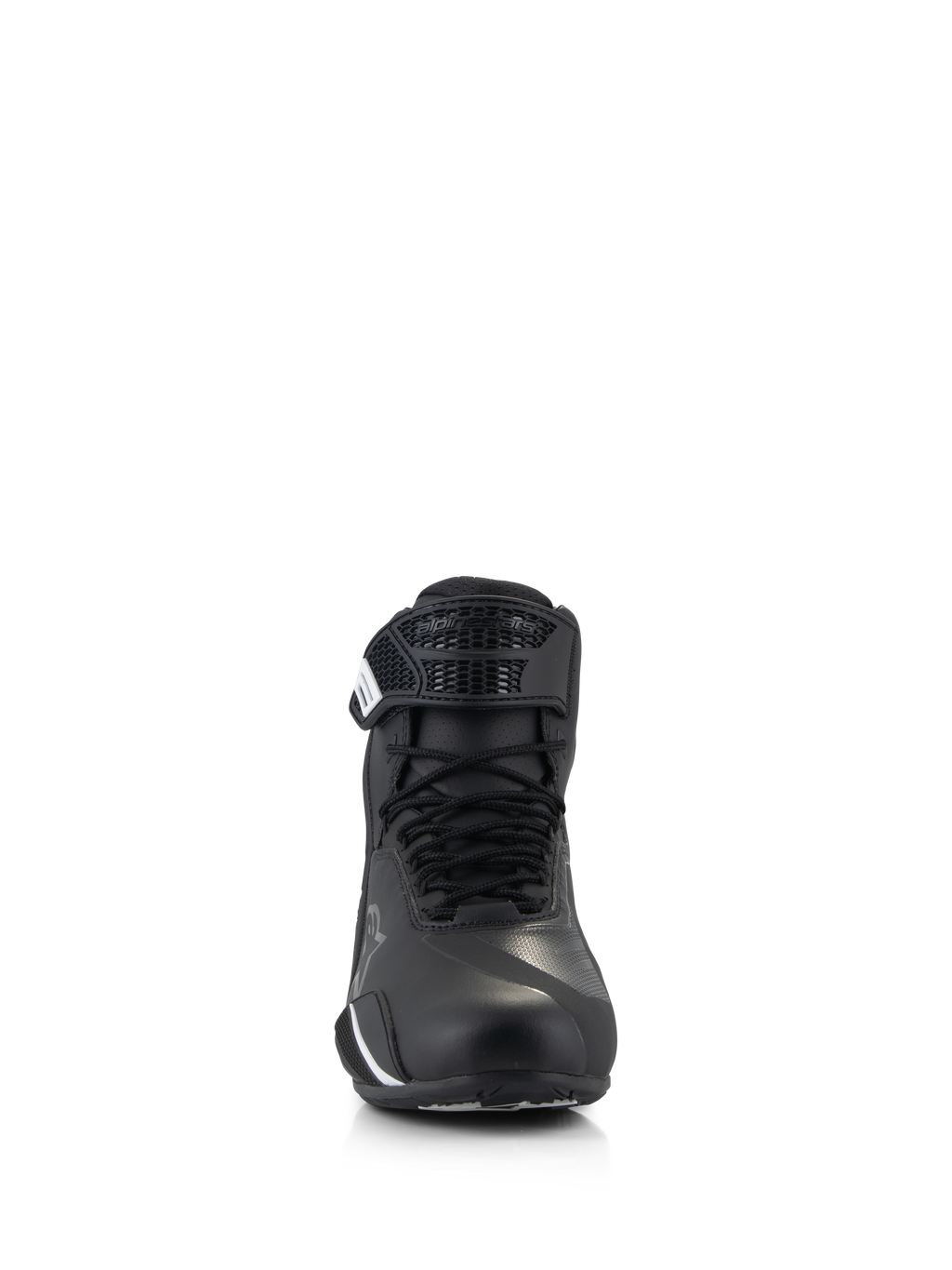 Alpinestars Faster-4 Shoes, scarpe da moto, nero, vista frontale con chiusura tradizionale a lacci e cinturino a strappo, tomaia in microfibra avanzata con rinforzi protettivi, calzatura tecnica da strada