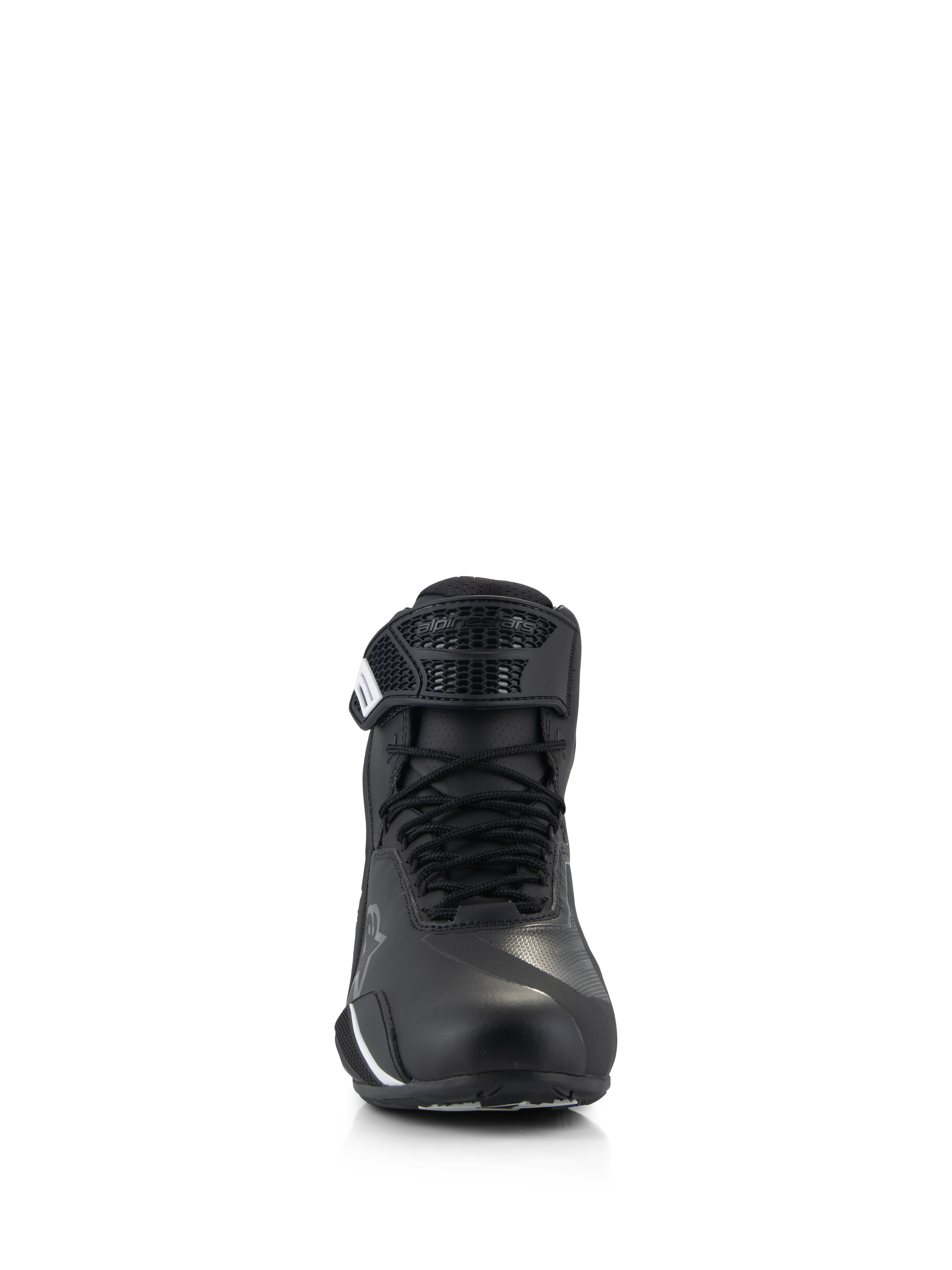 Alpinestars Faster-4 Shoes, scarpe da moto, nero, vista frontale con chiusura tradizionale a lacci e cinturino a strappo, tomaia in microfibra avanzata con rinforzi protettivi, calzatura tecnica da strada