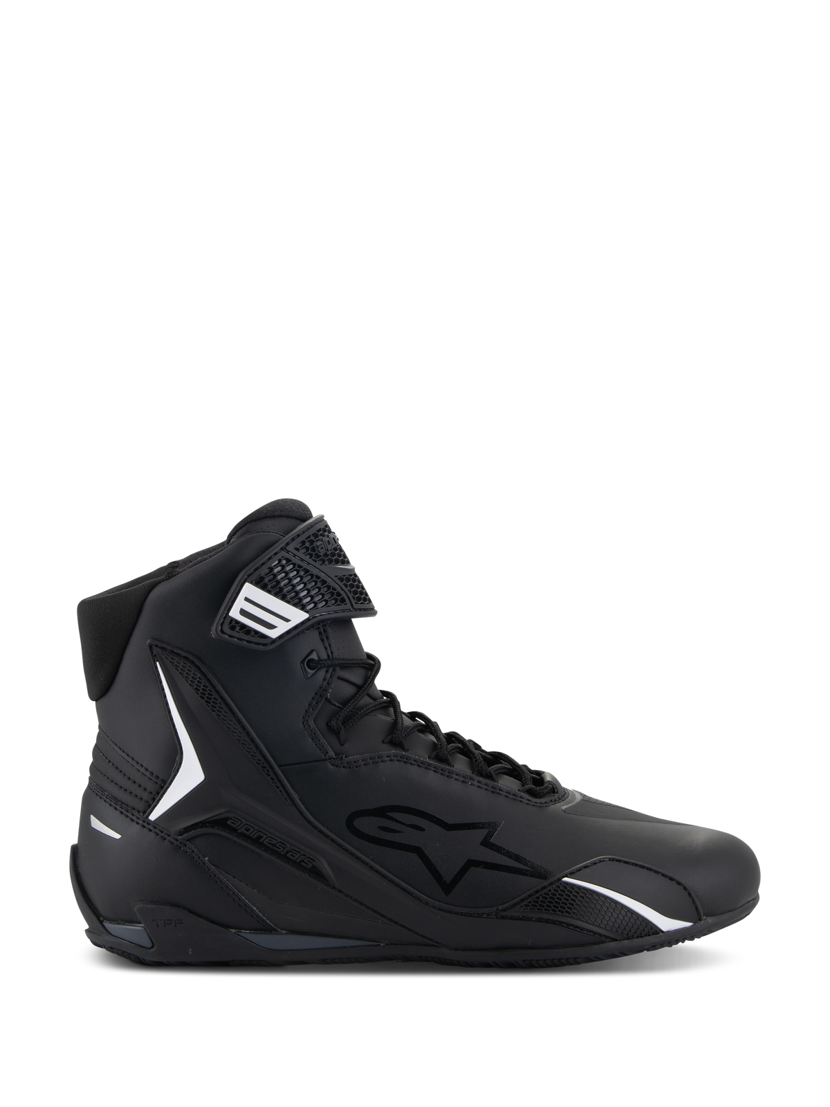 Scarpe Alpinestars Faster-4, scarpa da moto alta nera, profilo laterale, nero con dettagli bianchi, chiusura con lacci e cinturino a strappo, design sportivo con colletto imbottito e protezione in TPU