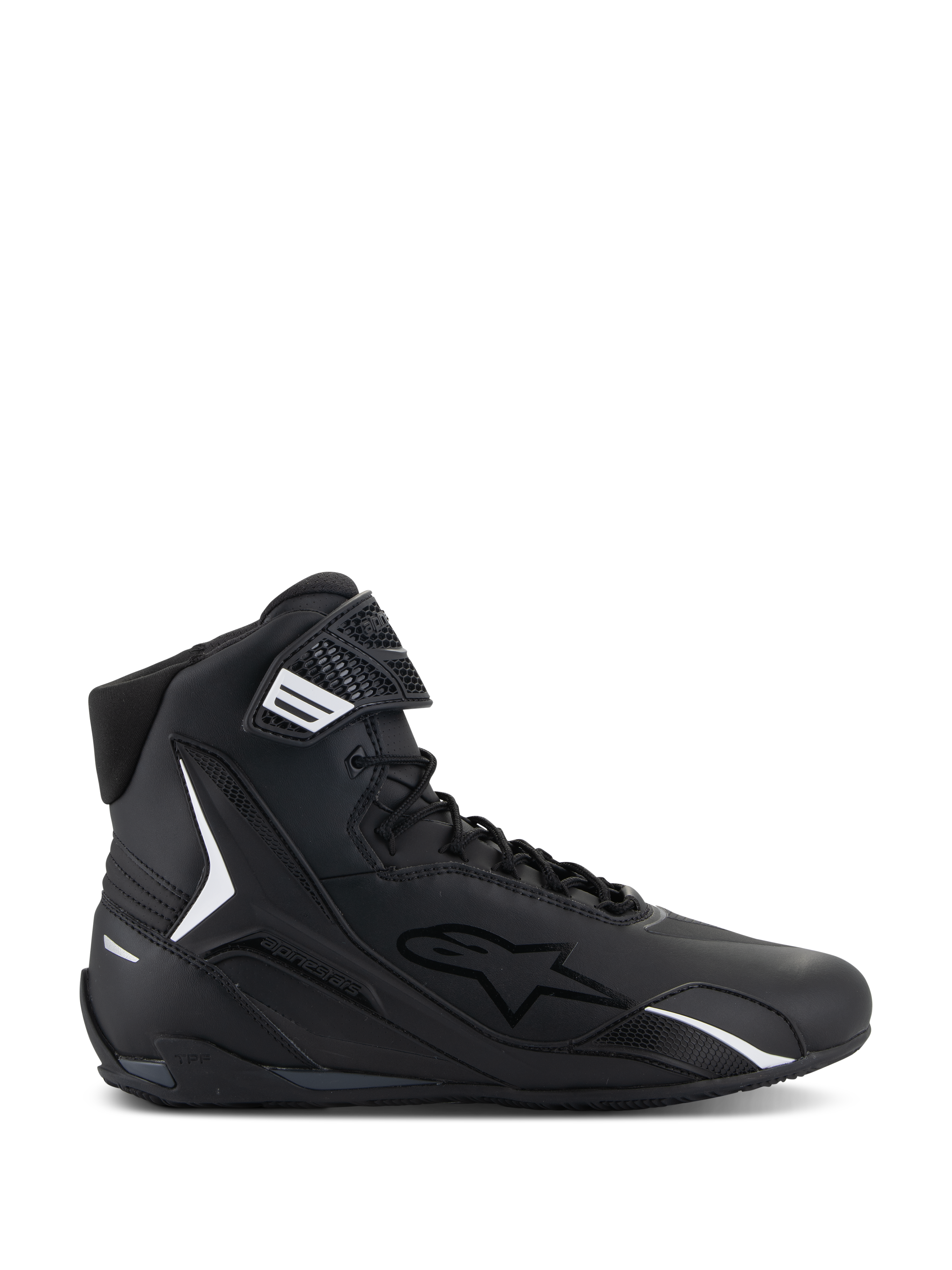 Scarpe Alpinestars Faster-4, scarpa da moto alta nera, profilo laterale, nero con dettagli bianchi, chiusura con lacci e cinturino a strappo, design sportivo con colletto imbottito e protezione in TPU