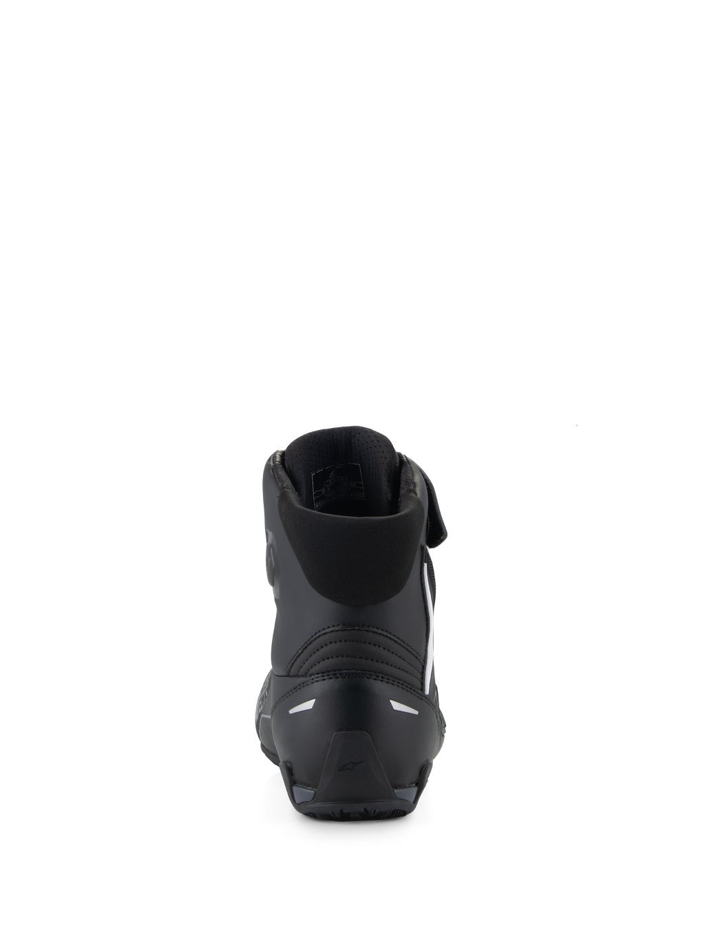 Scarpe Alpinestars Faster-4, scarpe da moto nere, vista posteriore che evidenzia il contrafforte del tallone in TPR e i dettagli riflettenti, colletto in tessuto imbottito, design orientato alle prestazioni per la guida sportiva su strada.