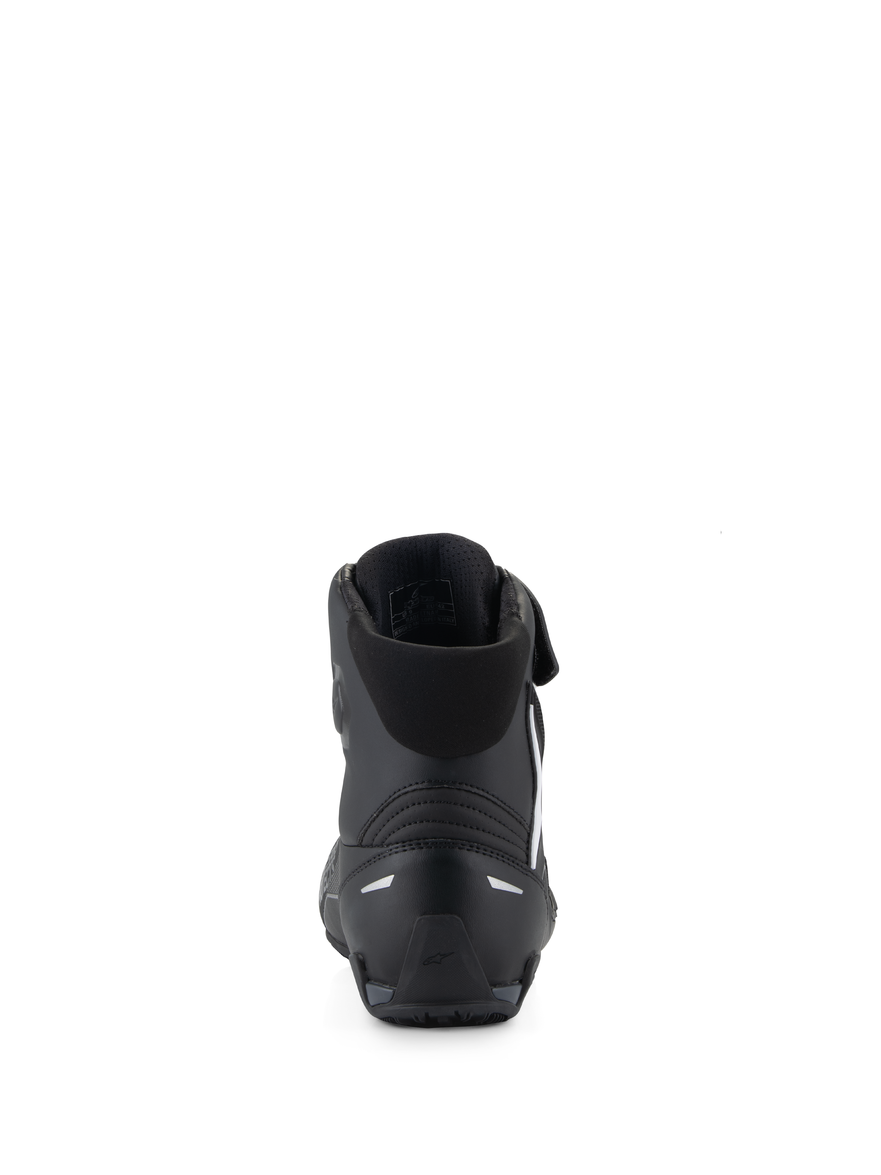Scarpe Alpinestars Faster-4, scarpe da moto nere, vista posteriore che evidenzia il contrafforte del tallone in TPR e i dettagli riflettenti, colletto in tessuto imbottito, design orientato alle prestazioni per la guida sportiva su strada.
