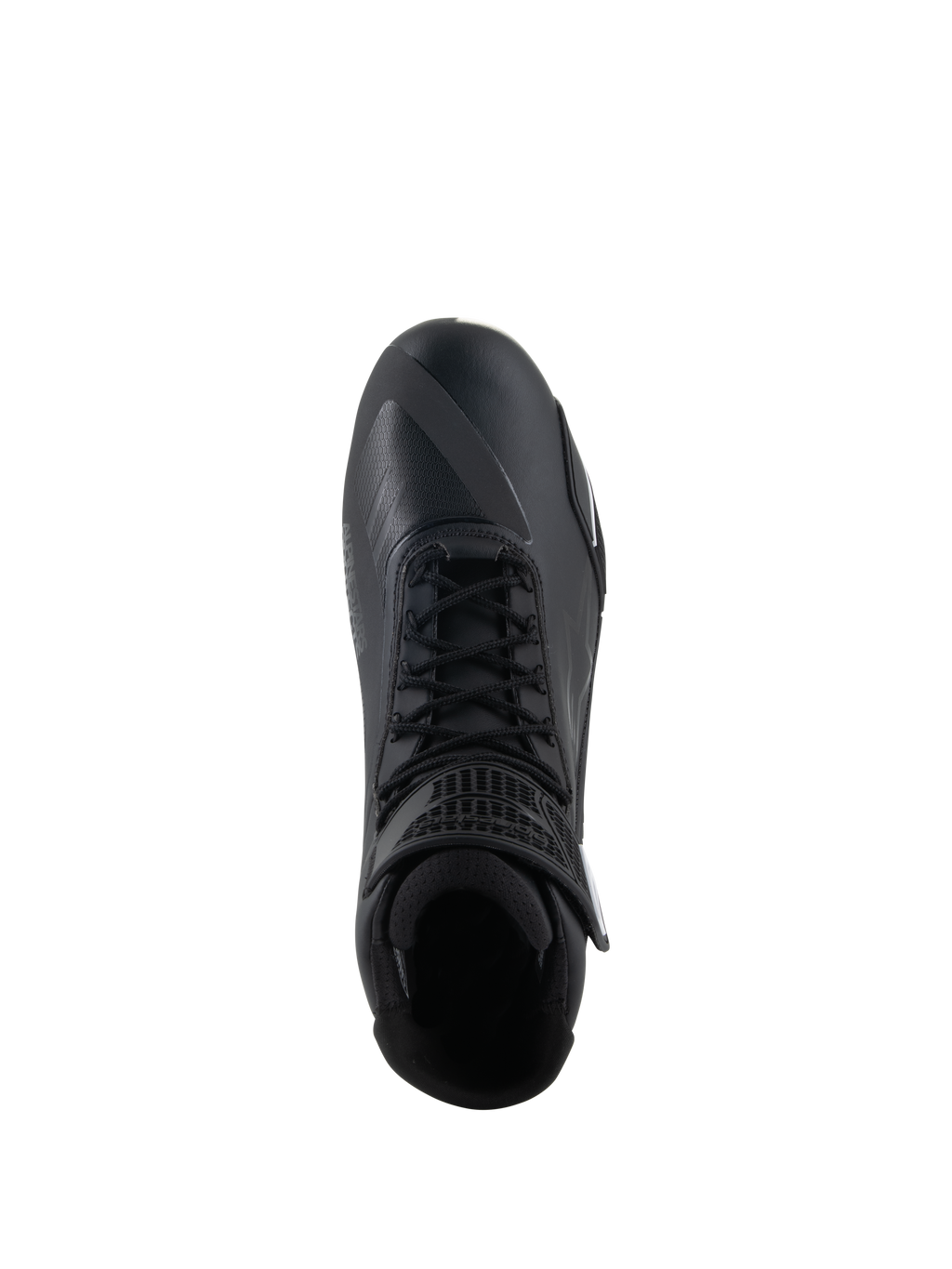 Alpinestars Faster-4 Shoes, scarpe da moto nere, vista dall'alto, con chiusura tradizionale a lacci, tomaia in microfibra senza cuciture e colletto della caviglia imbottito