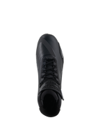 Alpinestars Faster-4 Shoes, scarpe da moto nere, vista dall'alto, con chiusura tradizionale a lacci, tomaia in microfibra senza cuciture e colletto della caviglia imbottito